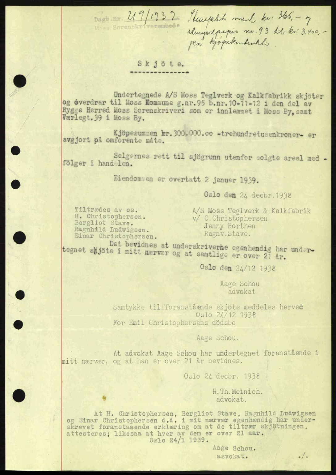 Moss sorenskriveri, SAO/A-10168: Mortgage book no. A5, 1938-1939, Diary no: : 219/1939