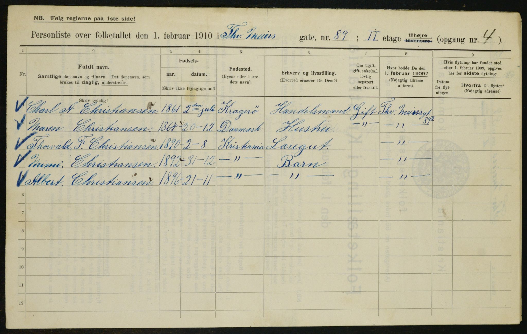 OBA, Municipal Census 1910 for Kristiania, 1910, p. 105667