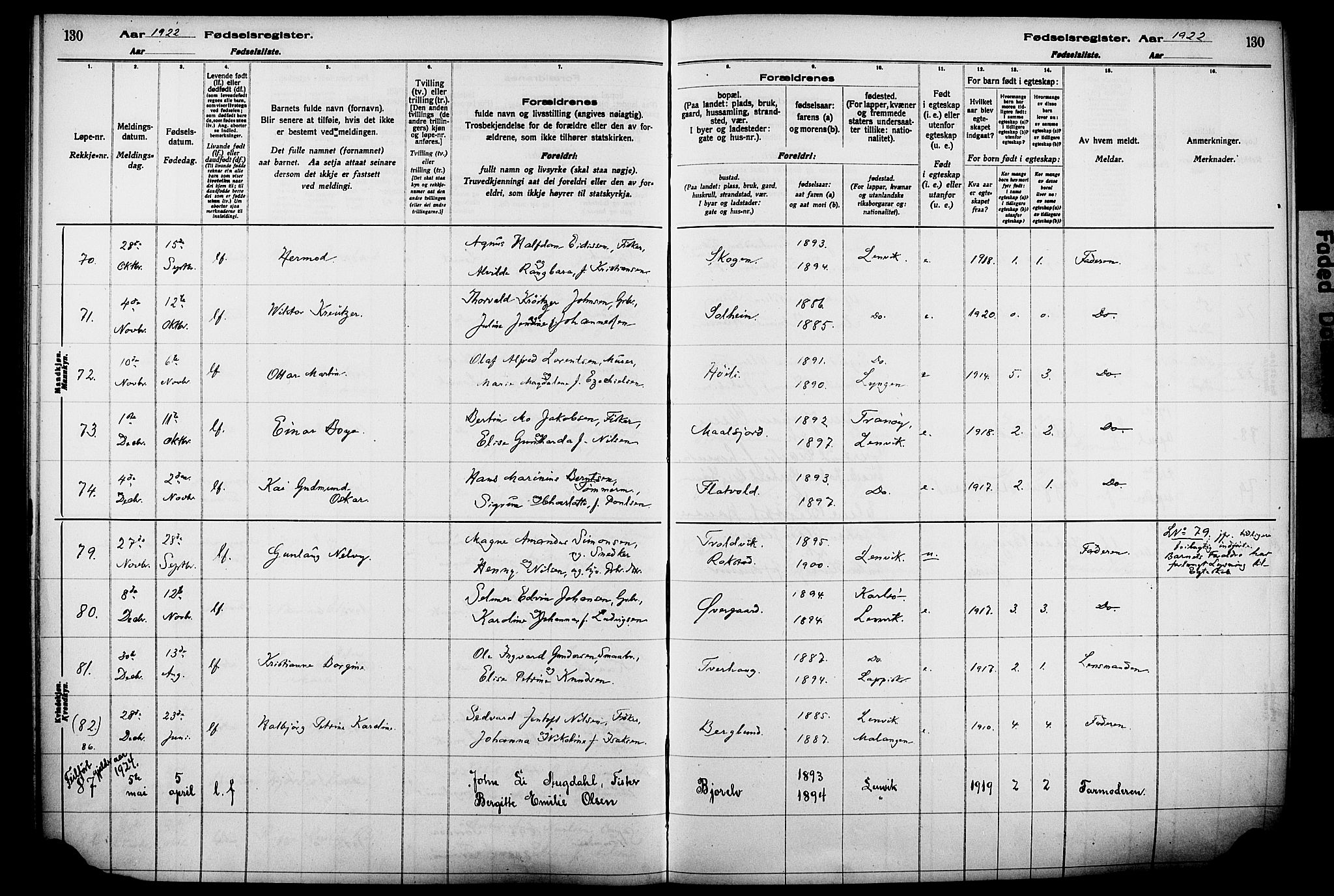 Lenvik sokneprestembete, SATØ/S-1310/I/Ic/L0089: Birth register no. 89, 1916-1926, p. 130