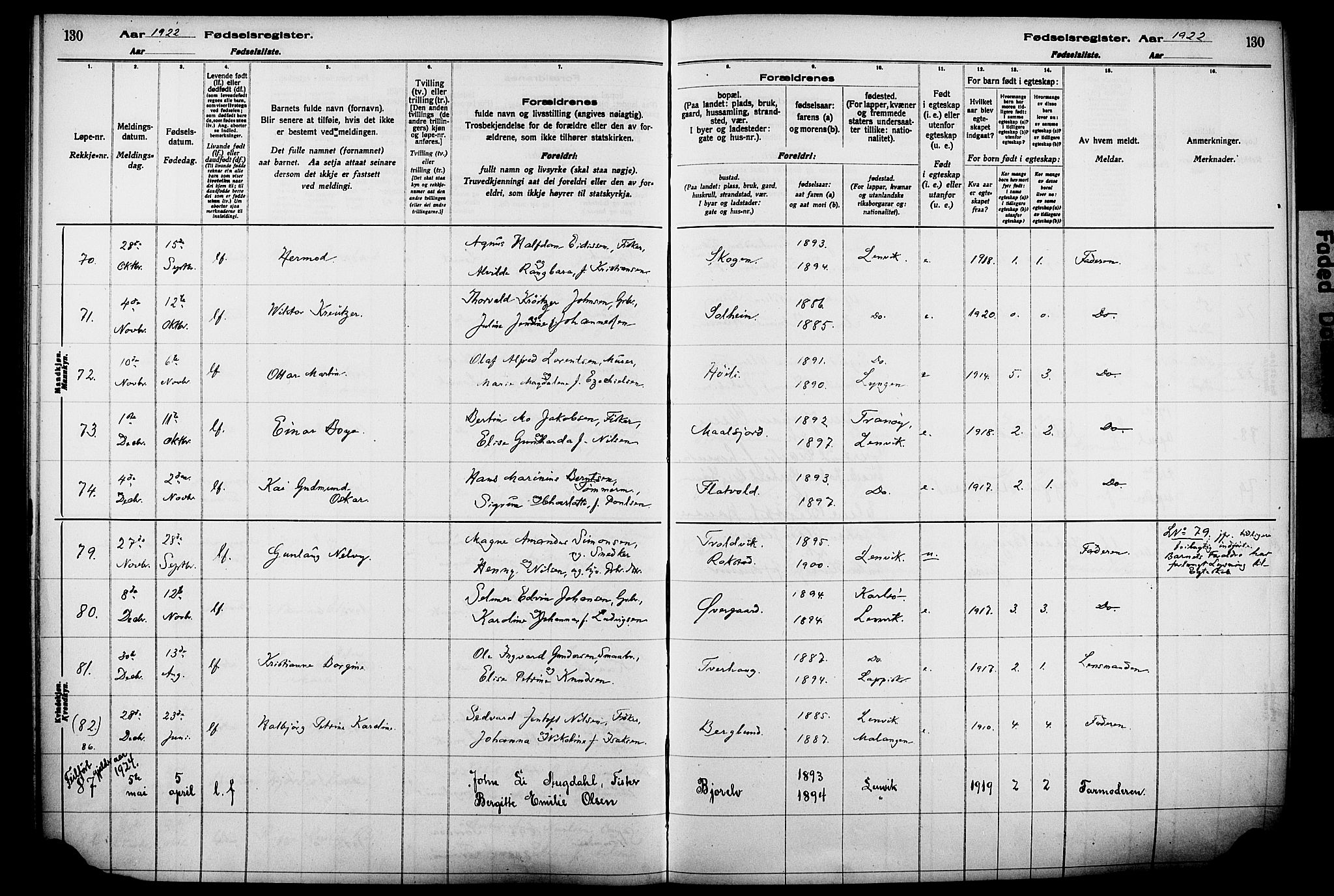 Lenvik sokneprestembete, AV/SATØ-S-1310/I/Ic/L0089: Birth register no. 89, 1916-1926, p. 130