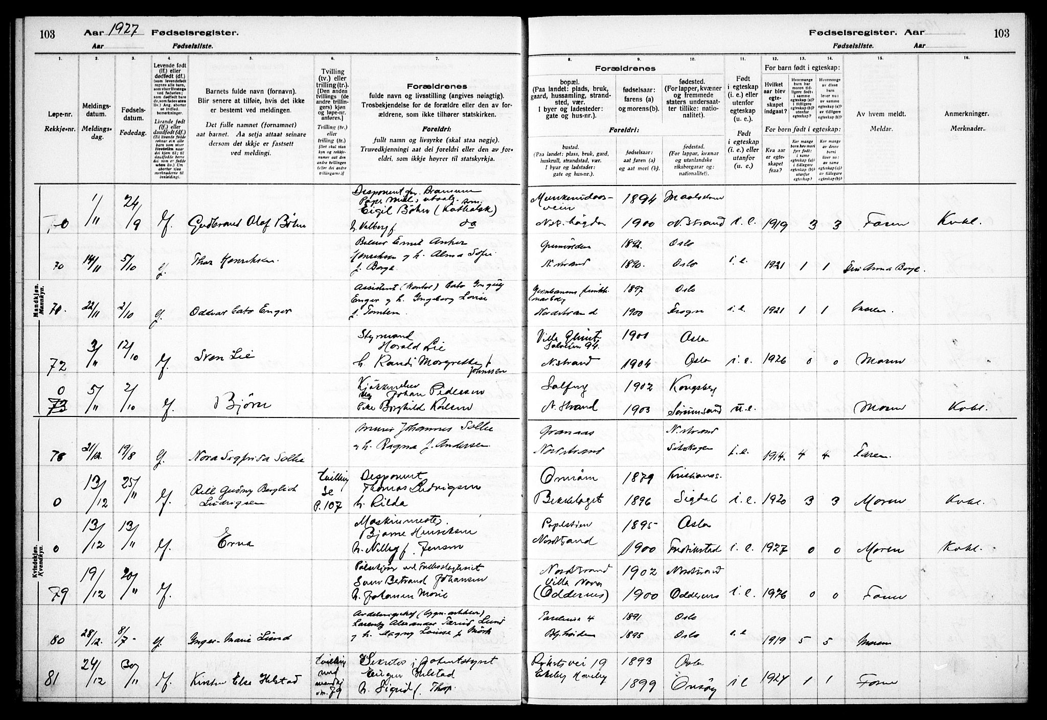 Nordstrand prestekontor Kirkebøker, AV/SAO-A-10362a/J/Ja/L0002: Birth register no. I 2, 1924-1930, p. 103