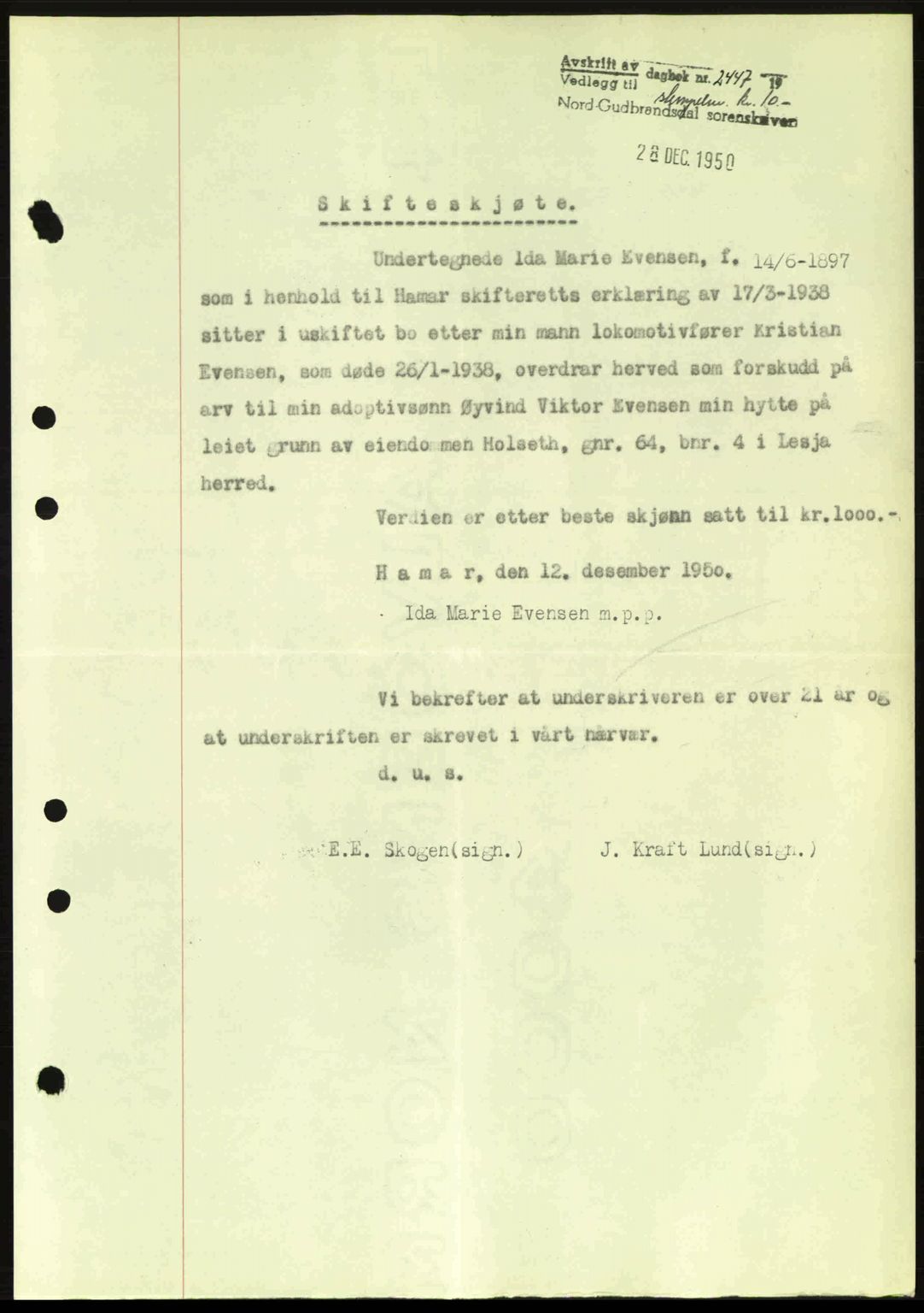 Nord-Gudbrandsdal tingrett, AV/SAH-TING-002/H/Hb/Hbb/L0027: Mortgage book no. FA27, 1950-1950, Deed date: 28.12.1950