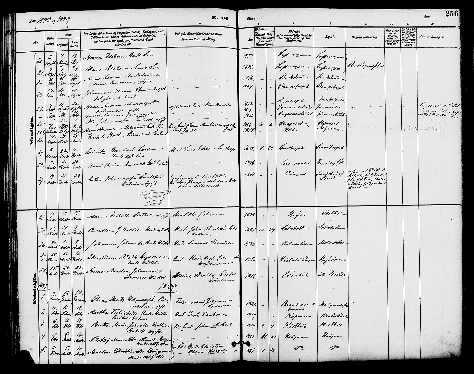 Brandval prestekontor, SAH/PREST-034/H/Ha/Haa/L0002: Parish register (official) no. 2, 1880-1894, p. 256