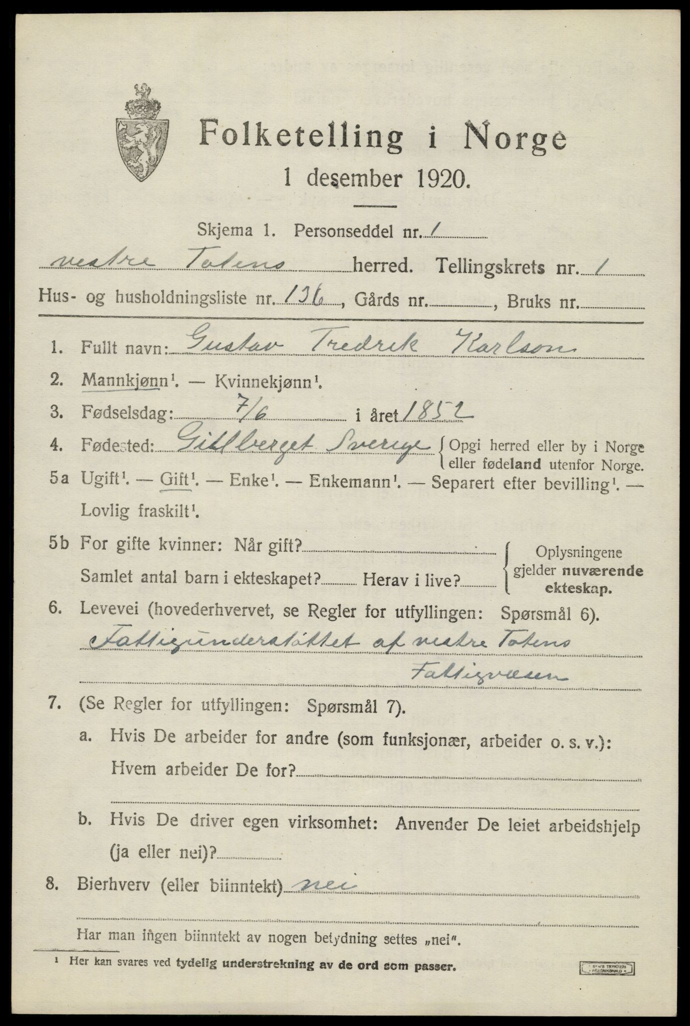 SAH, 1920 census for Vestre Toten, 1920, p. 3438