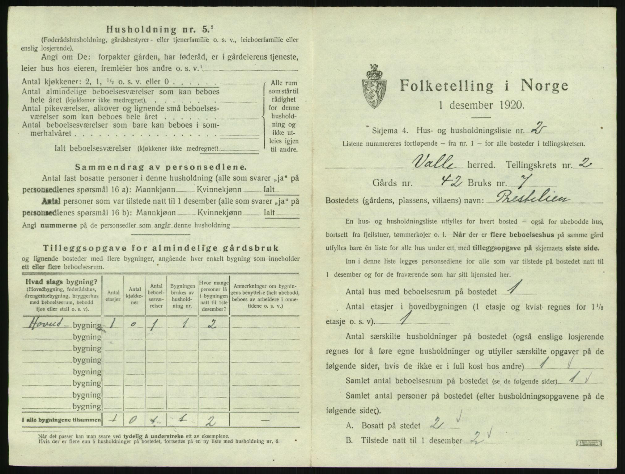 SAK, 1920 census for Valle, 1920, p. 119