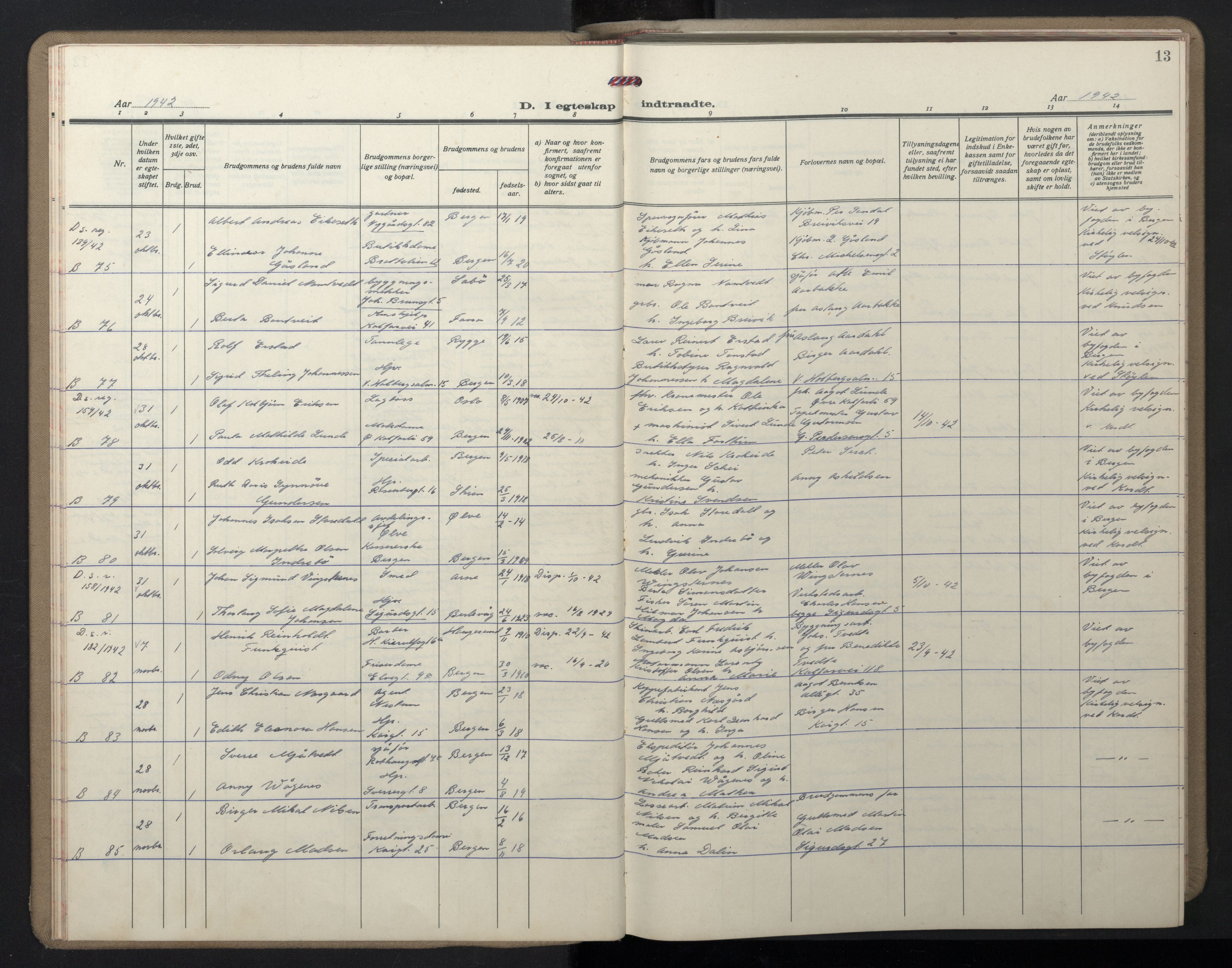 Domkirken sokneprestembete, SAB/A-74801/H/Hab/L0035: Parish register (copy) no. D 7, 1941-1953, p. 13