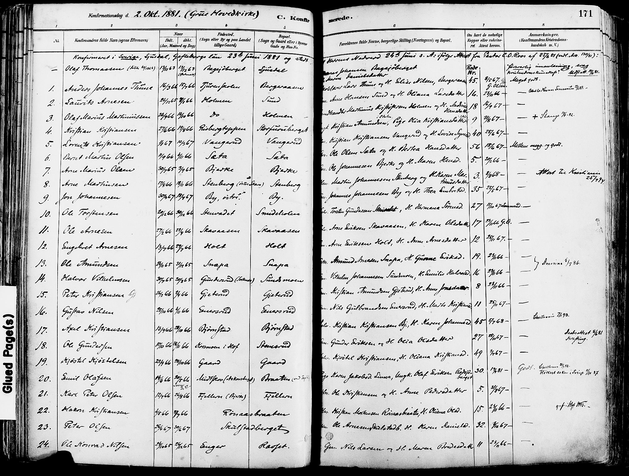 Grue prestekontor, SAH/PREST-036/H/Ha/Haa/L0012: Parish register (official) no. 12, 1881-1897, p. 171