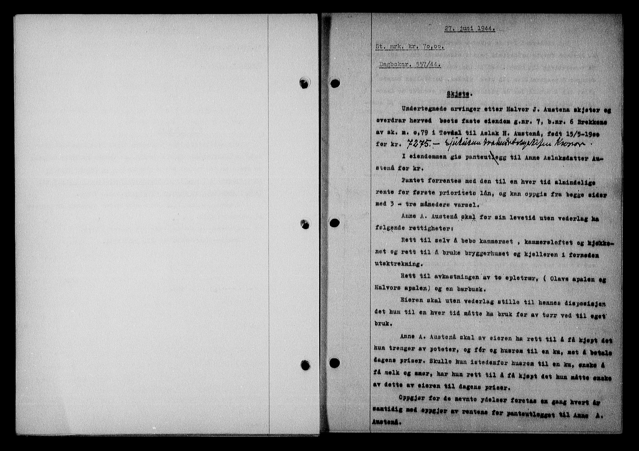 Nedenes sorenskriveri, SAK/1221-0006/G/Gb/Gba/L0051: Mortgage book no. A-V, 1943-1944, Diary no: : 557/1944