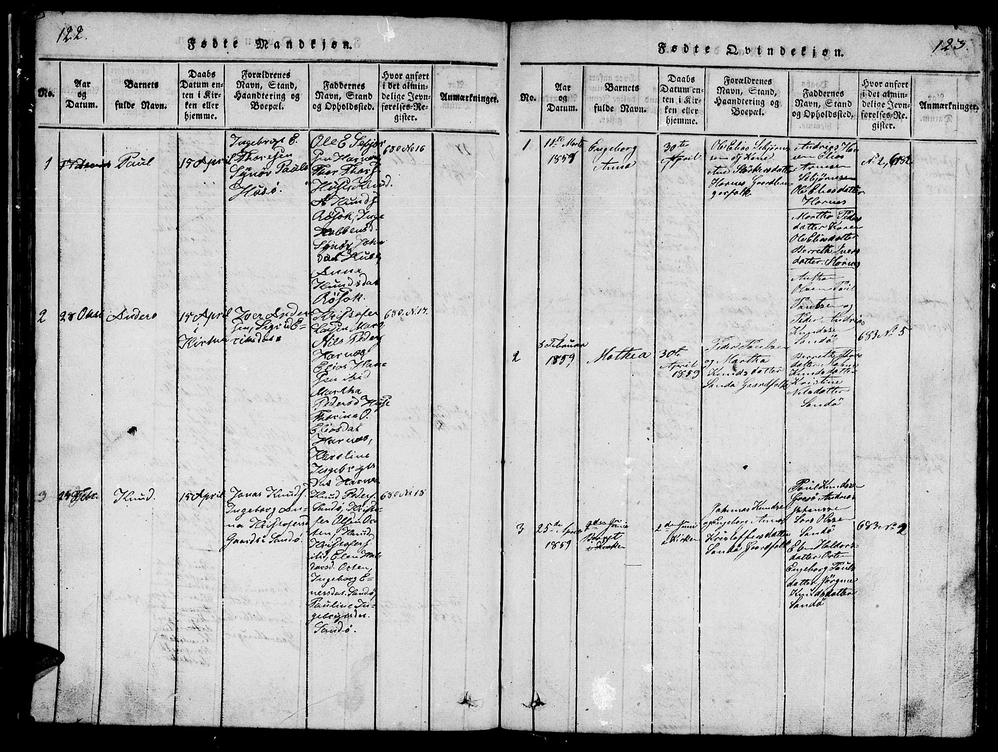 Ministerialprotokoller, klokkerbøker og fødselsregistre - Møre og Romsdal, AV/SAT-A-1454/561/L0731: Parish register (copy) no. 561C01, 1817-1867, p. 122-123