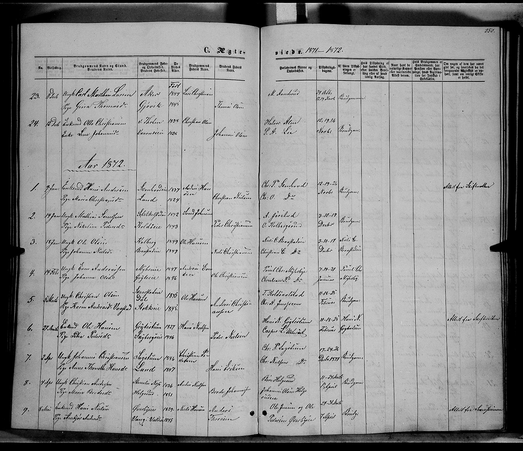 Vardal prestekontor, SAH/PREST-100/H/Ha/Hab/L0006: Parish register (copy) no. 6, 1869-1881, p. 250