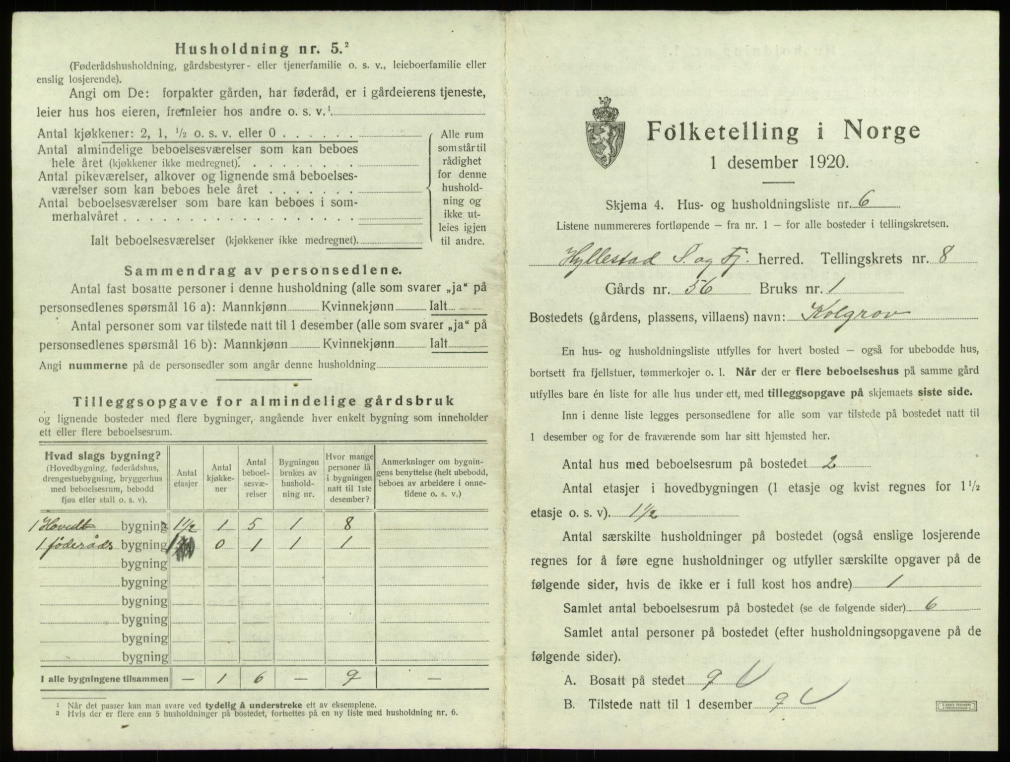 SAB, 1920 census for Hyllestad, 1920, p. 464