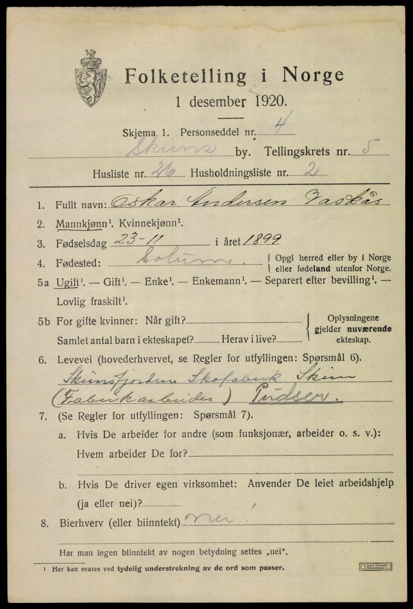 SAKO, 1920 census for Skien, 1920, p. 20024