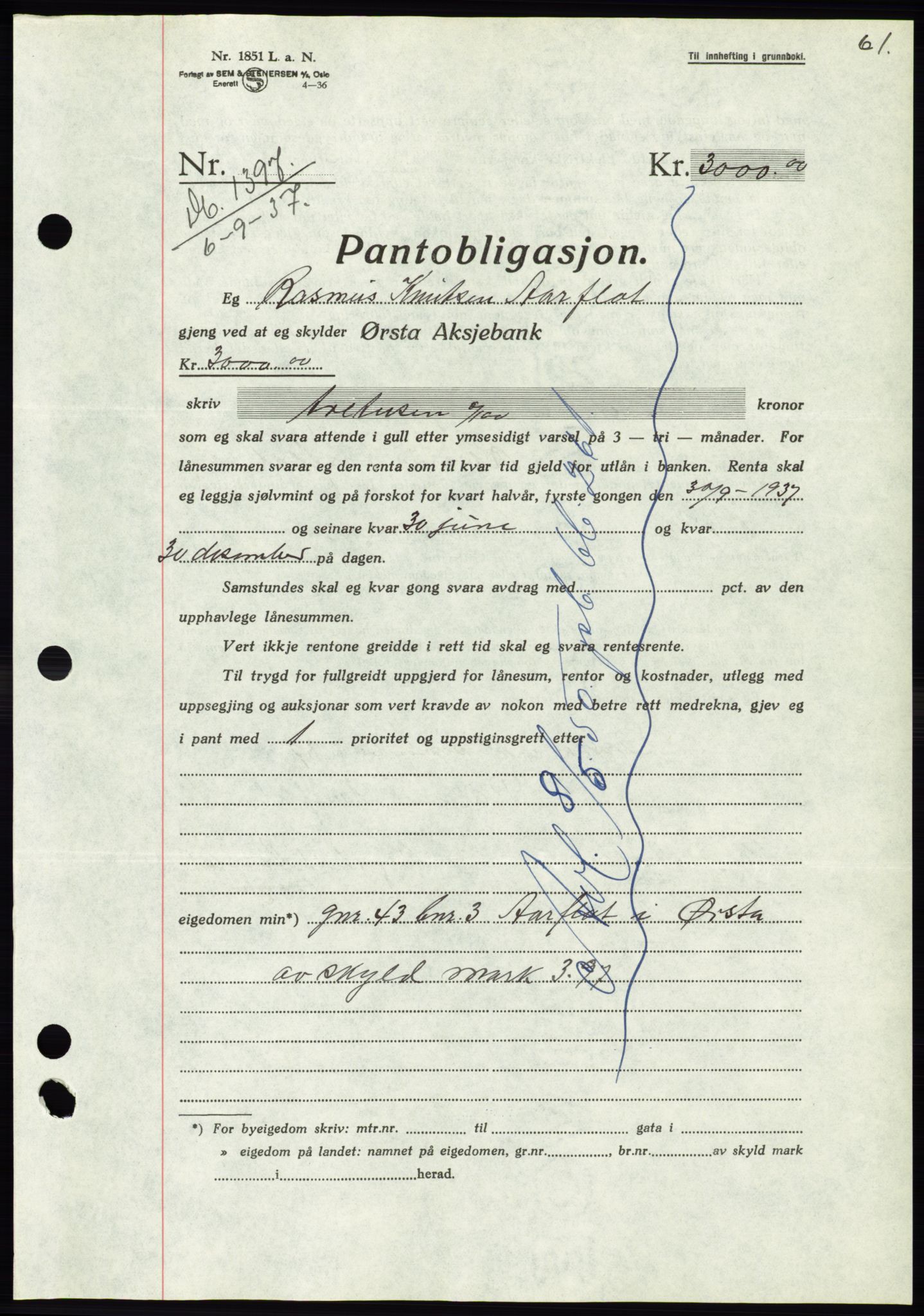 Søre Sunnmøre sorenskriveri, AV/SAT-A-4122/1/2/2C/L0064: Mortgage book no. 58, 1937-1938, Diary no: : 1397/1937