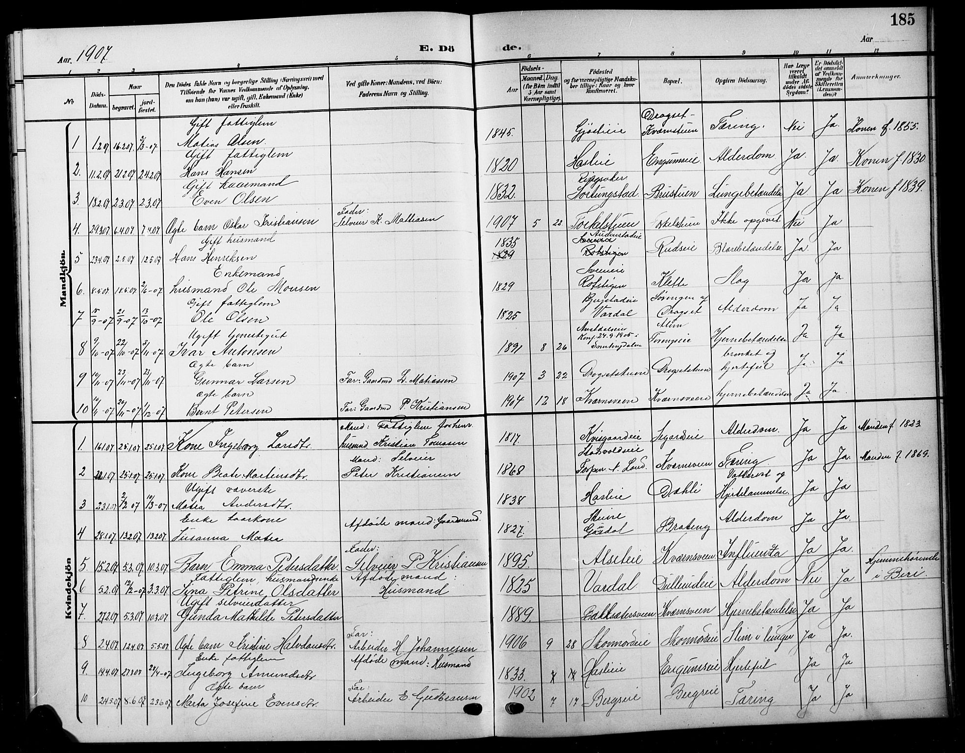 Biri prestekontor, AV/SAH-PREST-096/H/Ha/Hab/L0005: Parish register (copy) no. 5, 1906-1919, p. 185