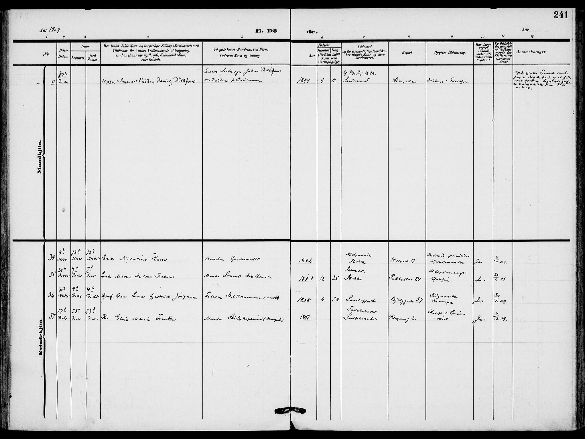 Sandefjord kirkebøker, SAKO/A-315/F/Fa/L0005: Parish register (official) no. 5, 1906-1915, p. 241