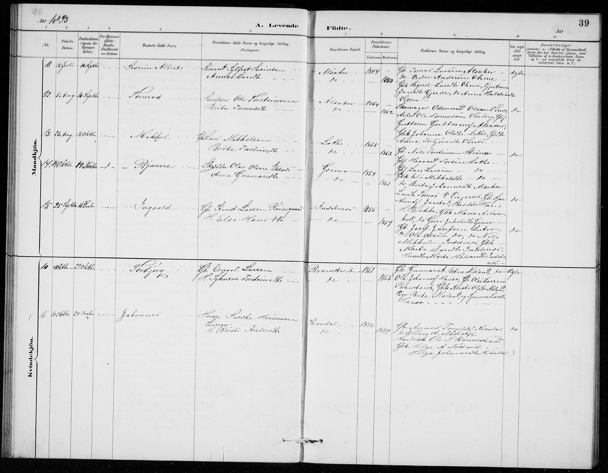 Ullensvang sokneprestembete, SAB/A-78701/H/Hab: Parish register (copy) no. E  7, 1887-1929, p. 39