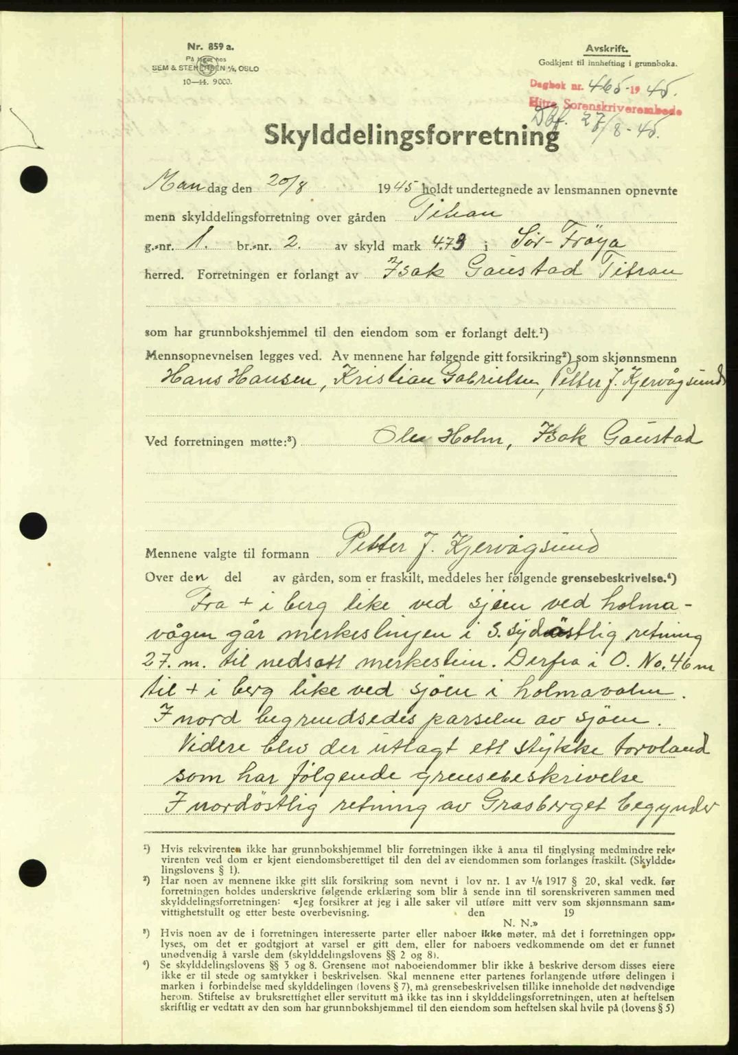 Hitra sorenskriveri, AV/SAT-A-0018/2/2C/2Ca: Mortgage book no. A2, 1943-1945, Diary no: : 465/1945