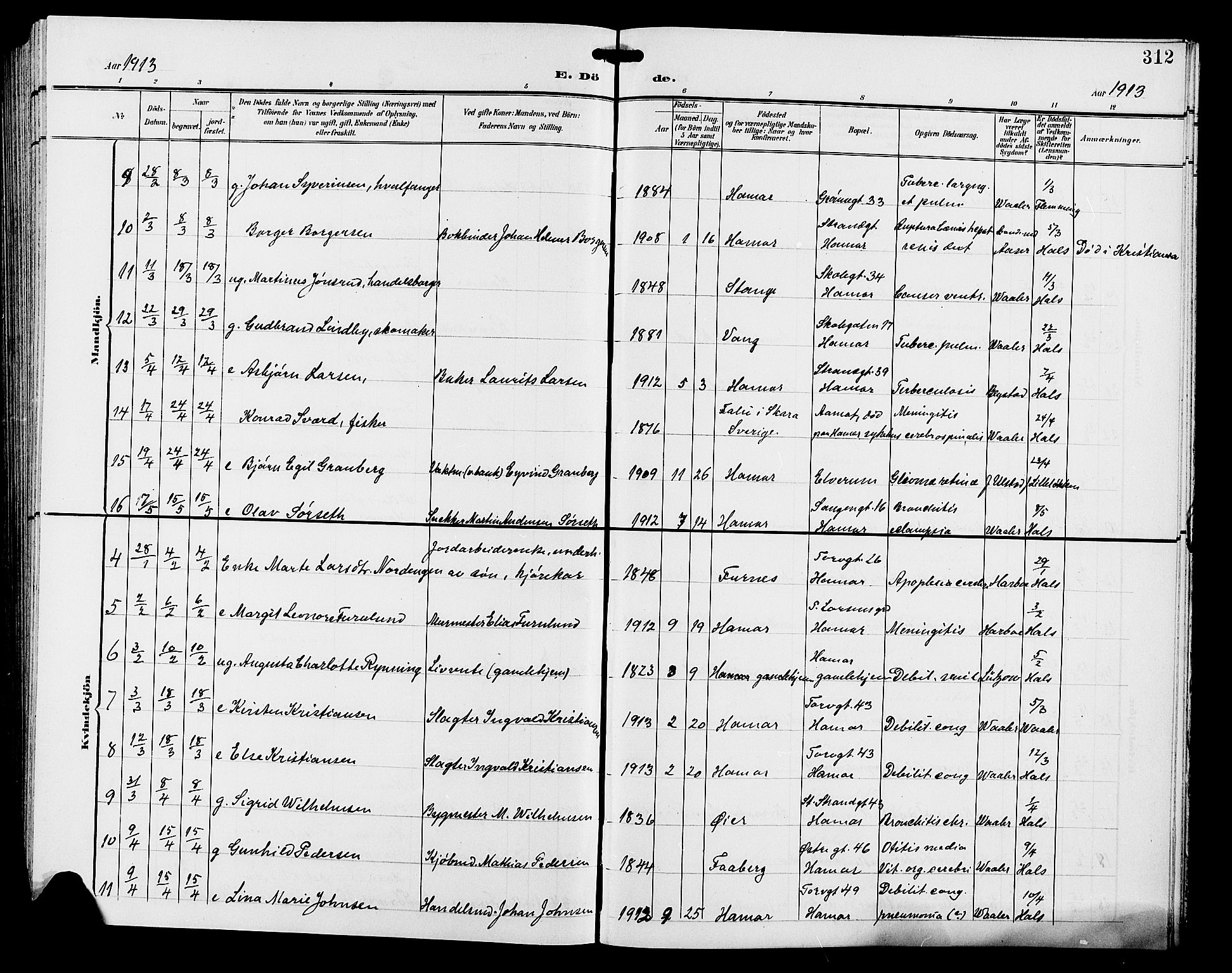 Hamar prestekontor, AV/SAH-DOMPH-002/H/Ha/Hab/L0001: Parish register (copy) no. 1, 1899-1914, p. 312