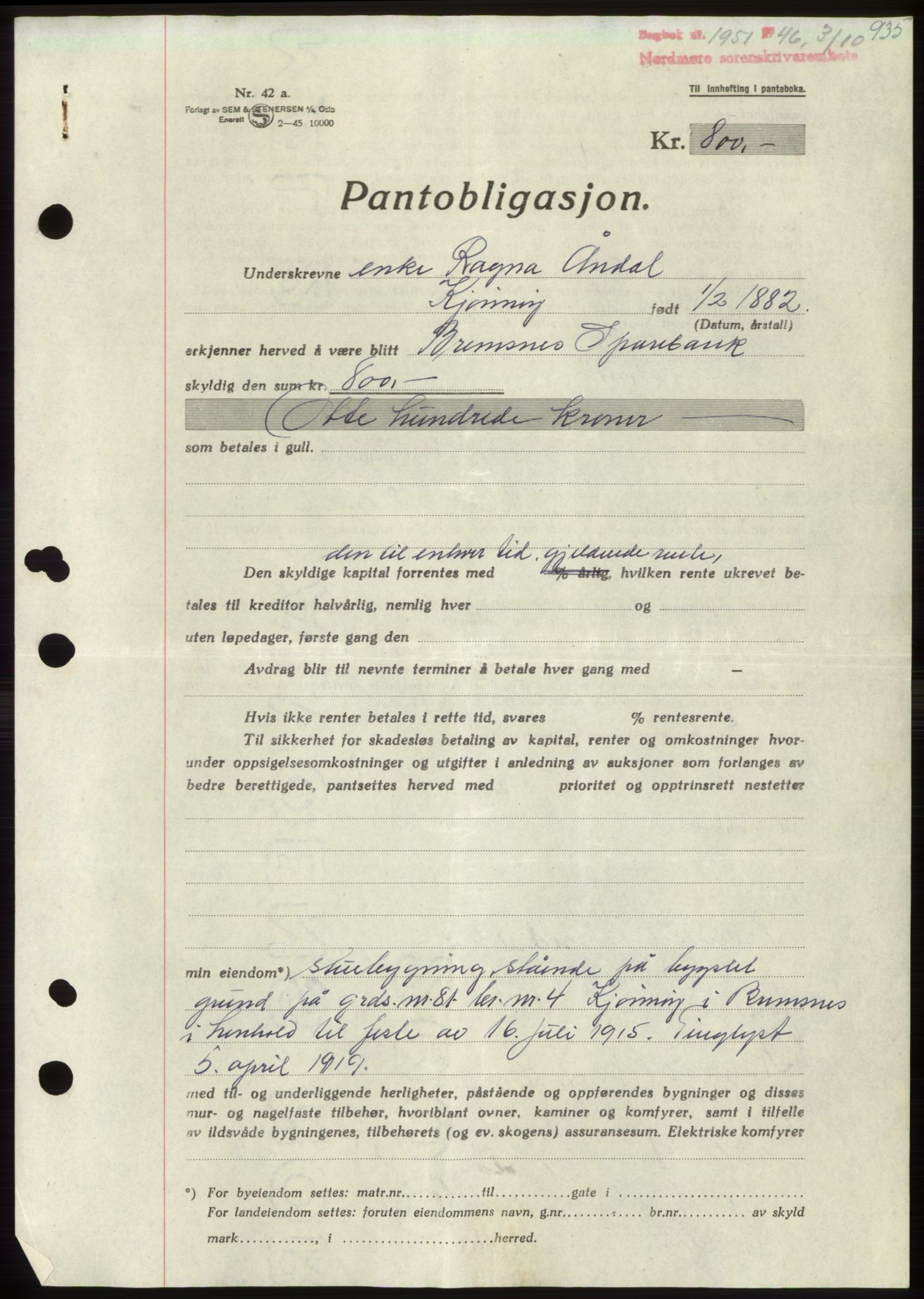 Nordmøre sorenskriveri, AV/SAT-A-4132/1/2/2Ca: Mortgage book no. B94, 1946-1946, Diary no: : 1951/1946