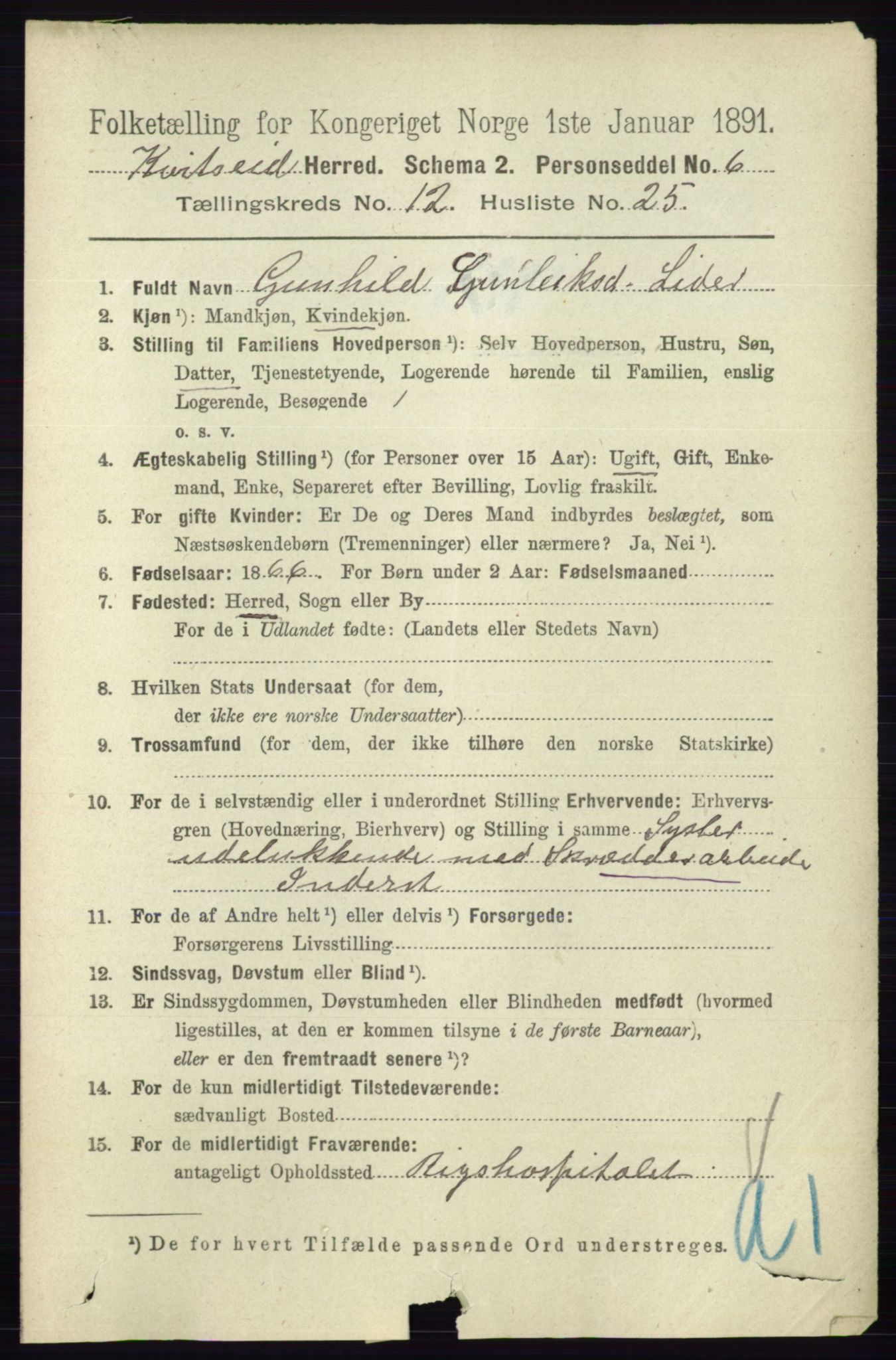 RA, 1891 census for 0829 Kviteseid, 1891, p. 3031