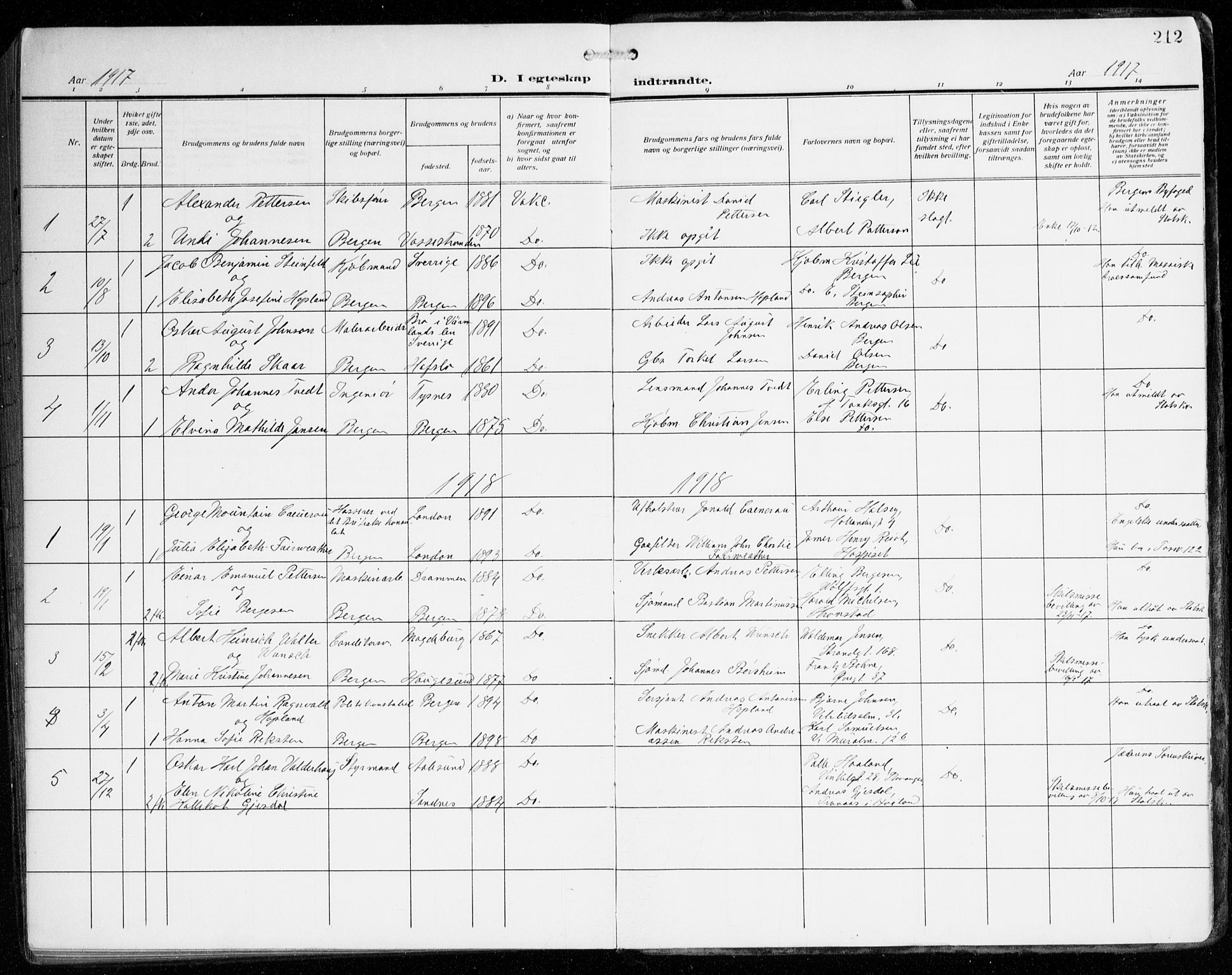 Johanneskirken sokneprestembete, SAB/A-76001/H/Haa/L0013: Parish register (official) no. D 2, 1912-1929, p. 212