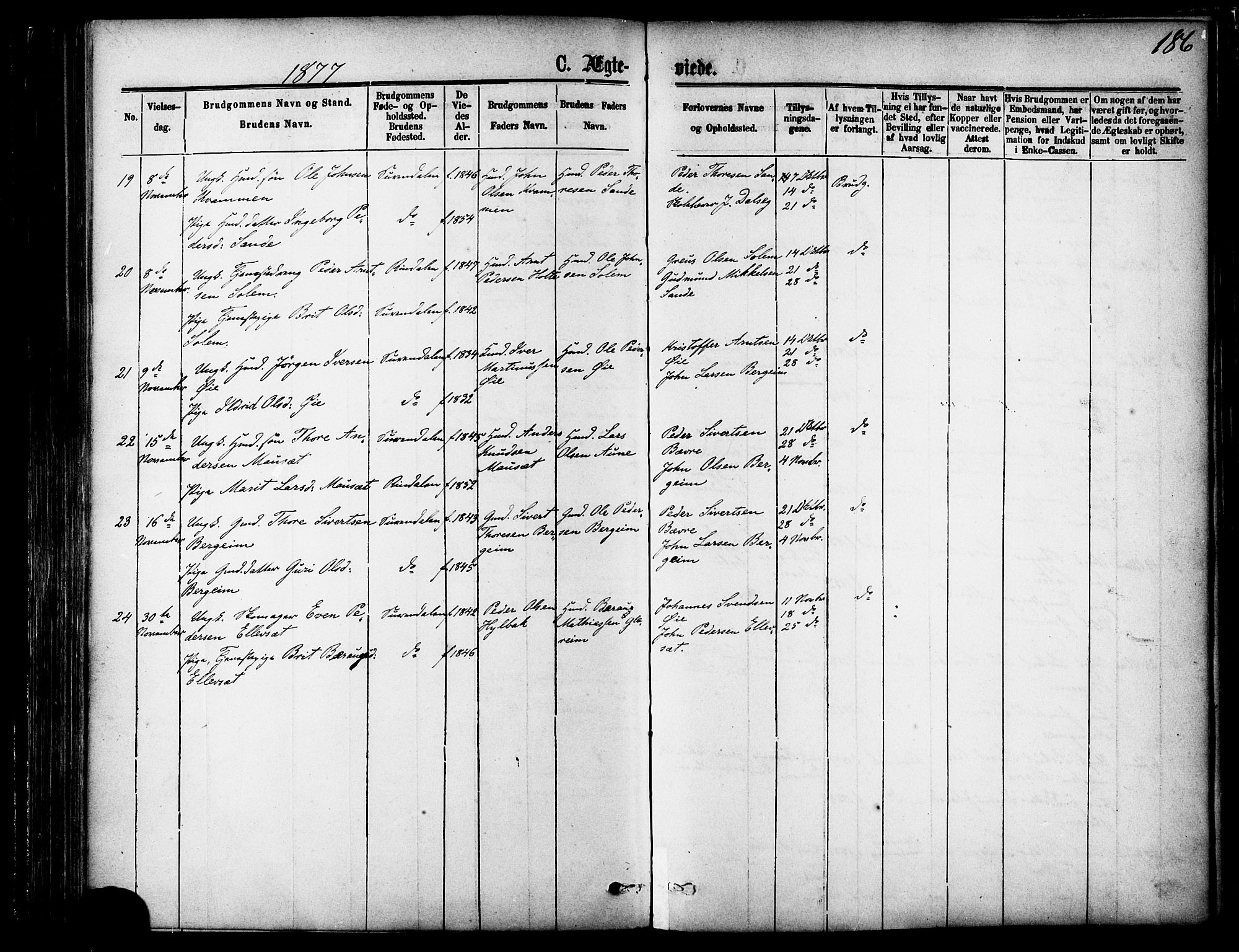 Ministerialprotokoller, klokkerbøker og fødselsregistre - Møre og Romsdal, AV/SAT-A-1454/595/L1046: Parish register (official) no. 595A08, 1874-1884, p. 186