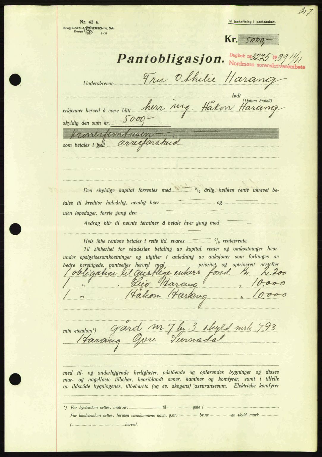 Nordmøre sorenskriveri, AV/SAT-A-4132/1/2/2Ca: Mortgage book no. B86, 1939-1940, Diary no: : 3275/1939