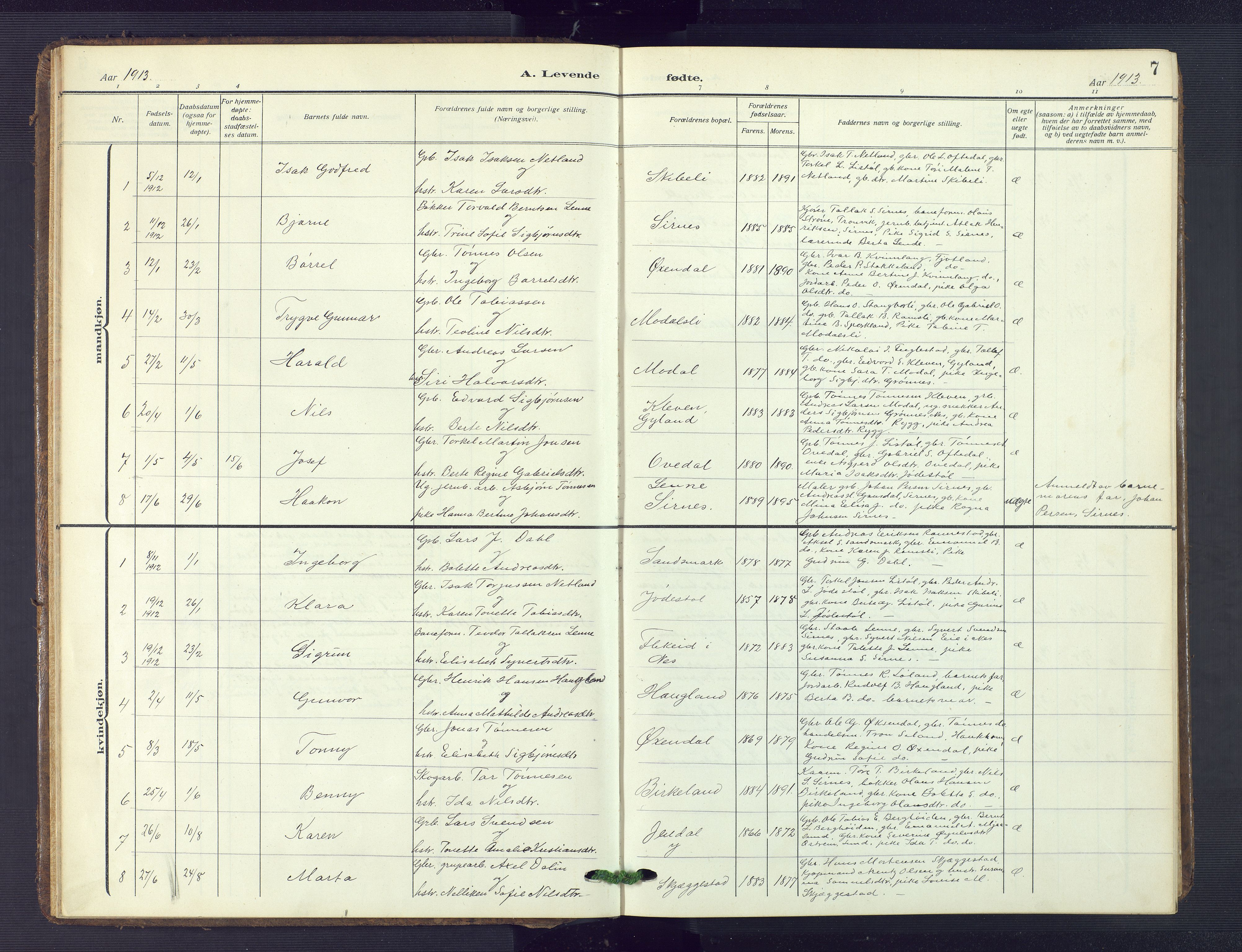 Bakke sokneprestkontor, SAK/1111-0002/F/Fb/Fba/L0004: Parish register (copy) no. B 4, 1911-1946, p. 7