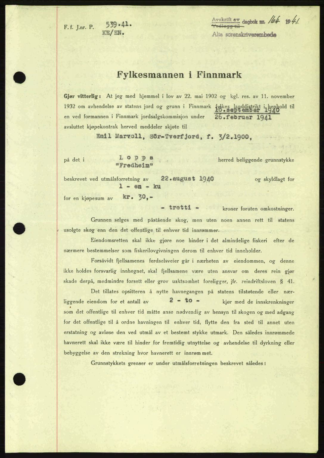 Alta fogderi/sorenskriveri, SATØ/SATØ-5/1/K/Kd/L0033pantebok: Mortgage book no. 33, 1940-1943, Diary no: : 164/1941