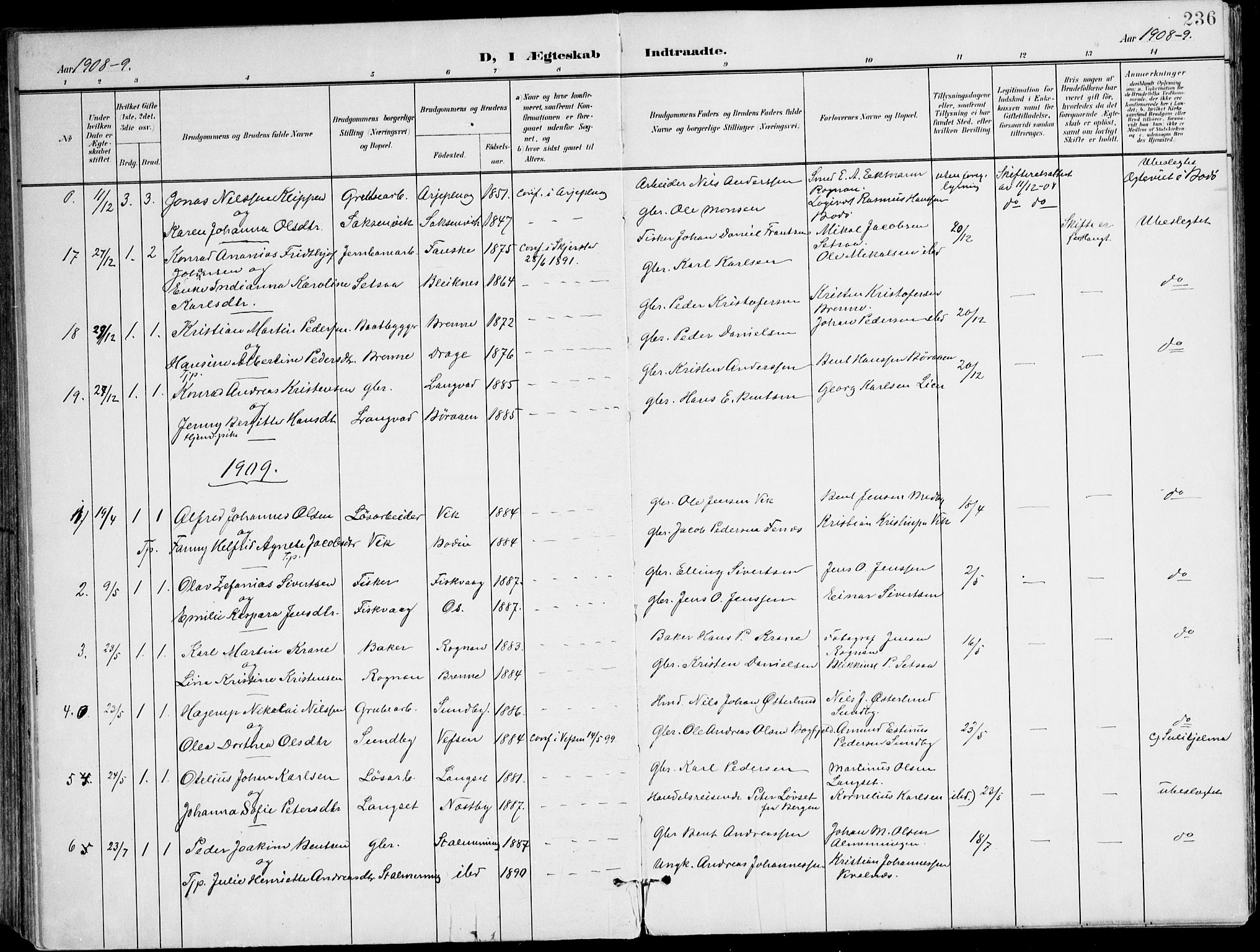 Ministerialprotokoller, klokkerbøker og fødselsregistre - Nordland, SAT/A-1459/847/L0672: Parish register (official) no. 847A12, 1902-1919, p. 236
