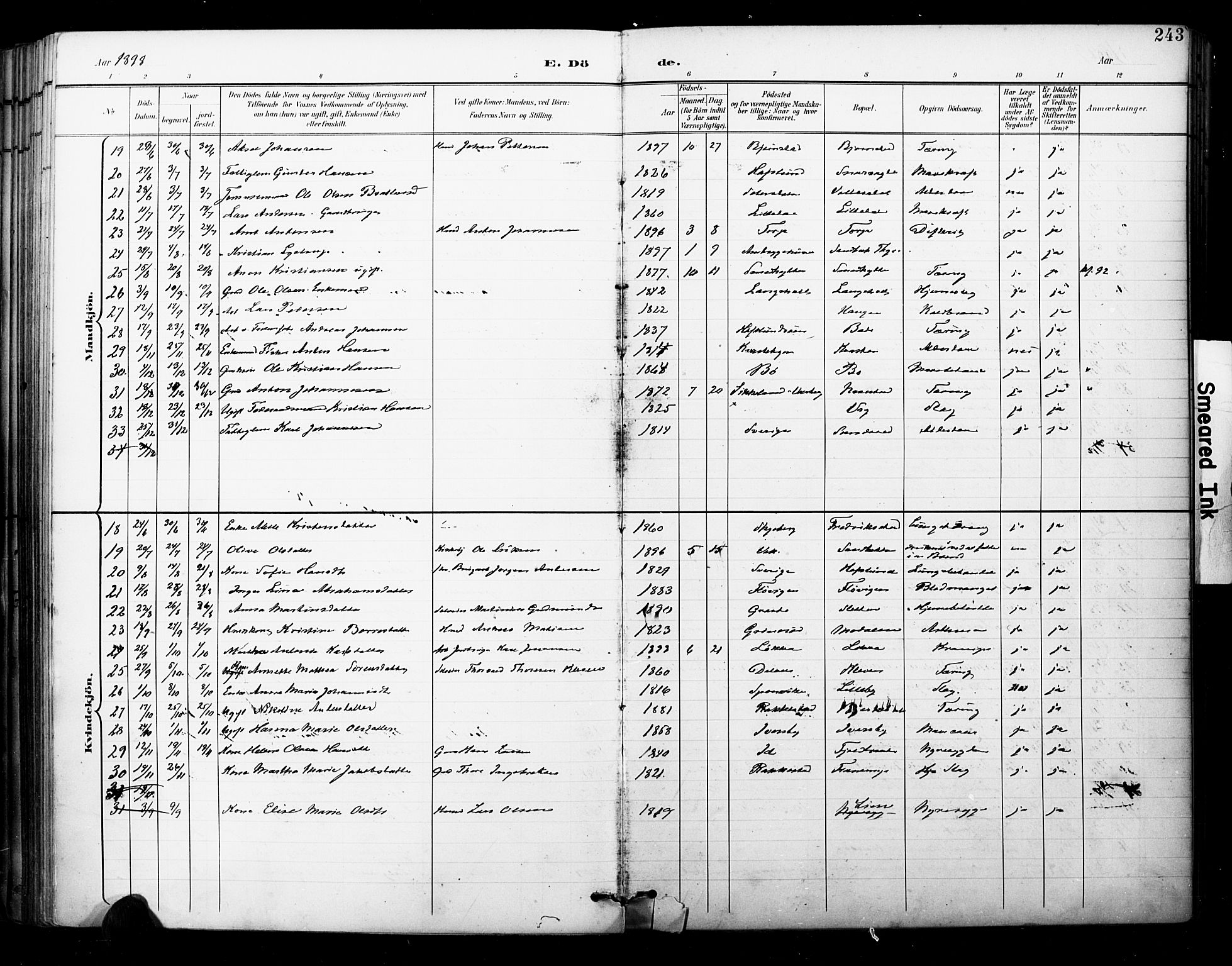 Skjeberg prestekontor Kirkebøker, SAO/A-10923/F/Fa/L0010: Parish register (official) no. I 10, 1898-1911, p. 243