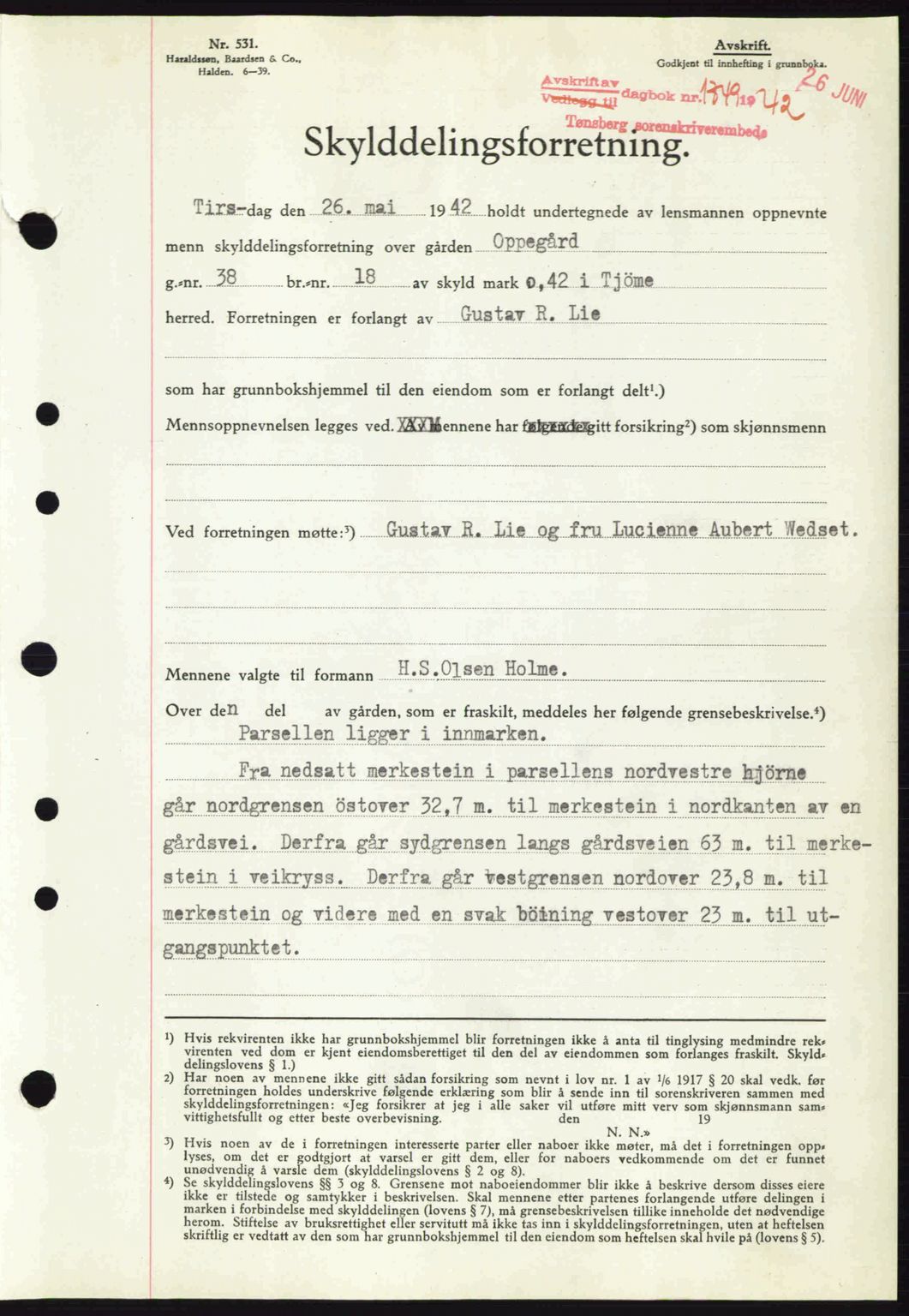 Tønsberg sorenskriveri, AV/SAKO-A-130/G/Ga/Gaa/L0011: Mortgage book no. A11, 1941-1942, Diary no: : 1749/1942