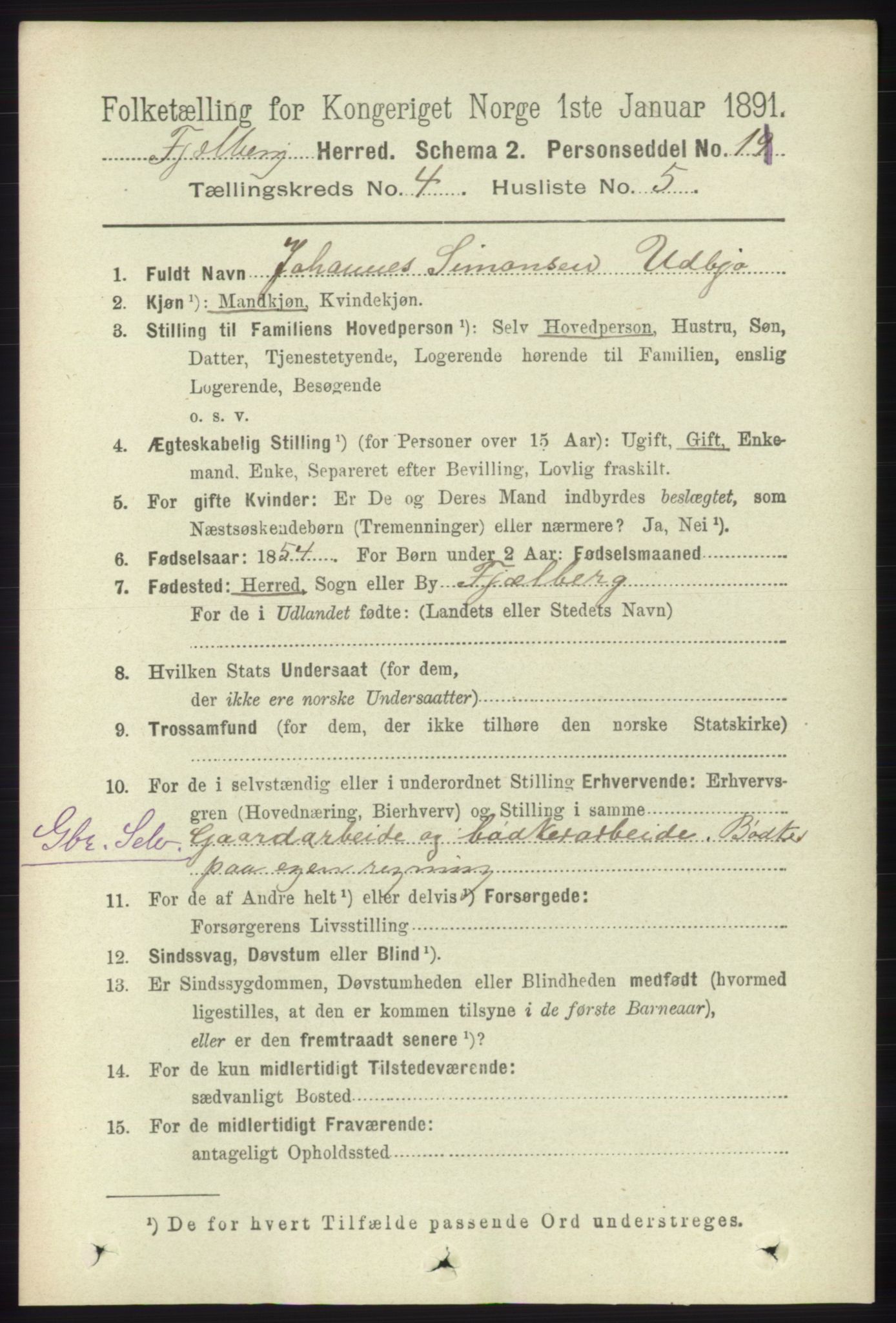 RA, 1891 census for 1213 Fjelberg, 1891, p. 1189