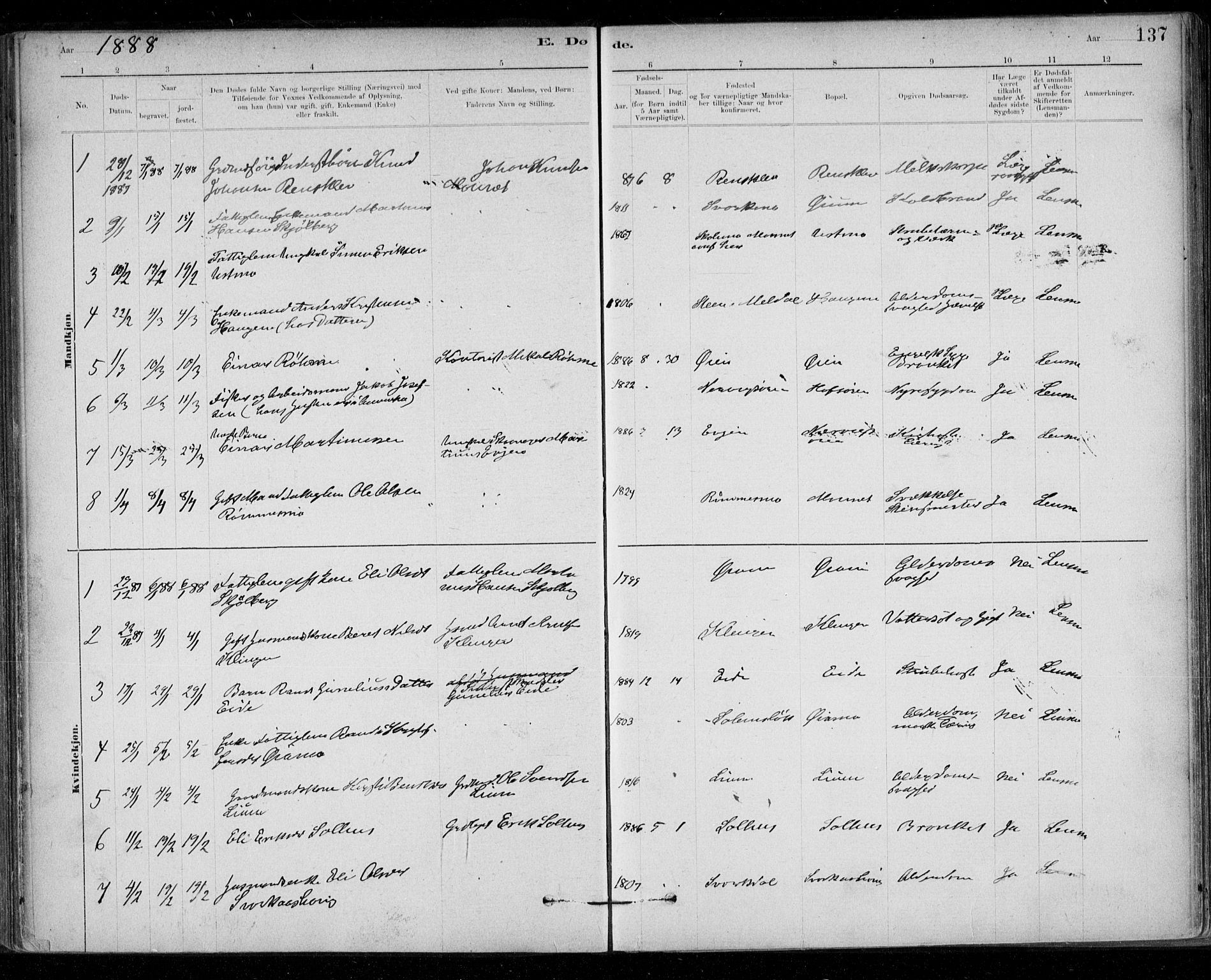 Ministerialprotokoller, klokkerbøker og fødselsregistre - Sør-Trøndelag, SAT/A-1456/668/L0810: Parish register (official) no. 668A10, 1881-1894, p. 137