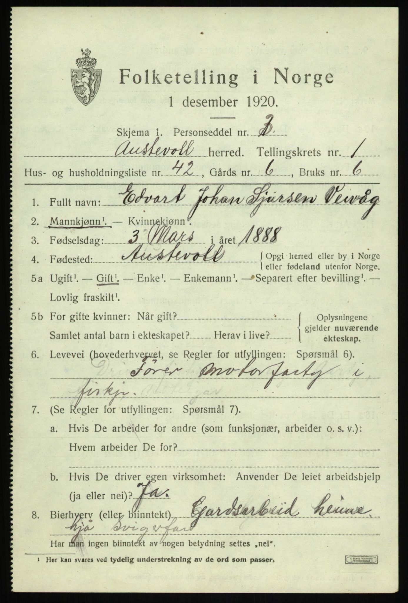 SAB, 1920 census for Austevoll, 1920, p. 1428
