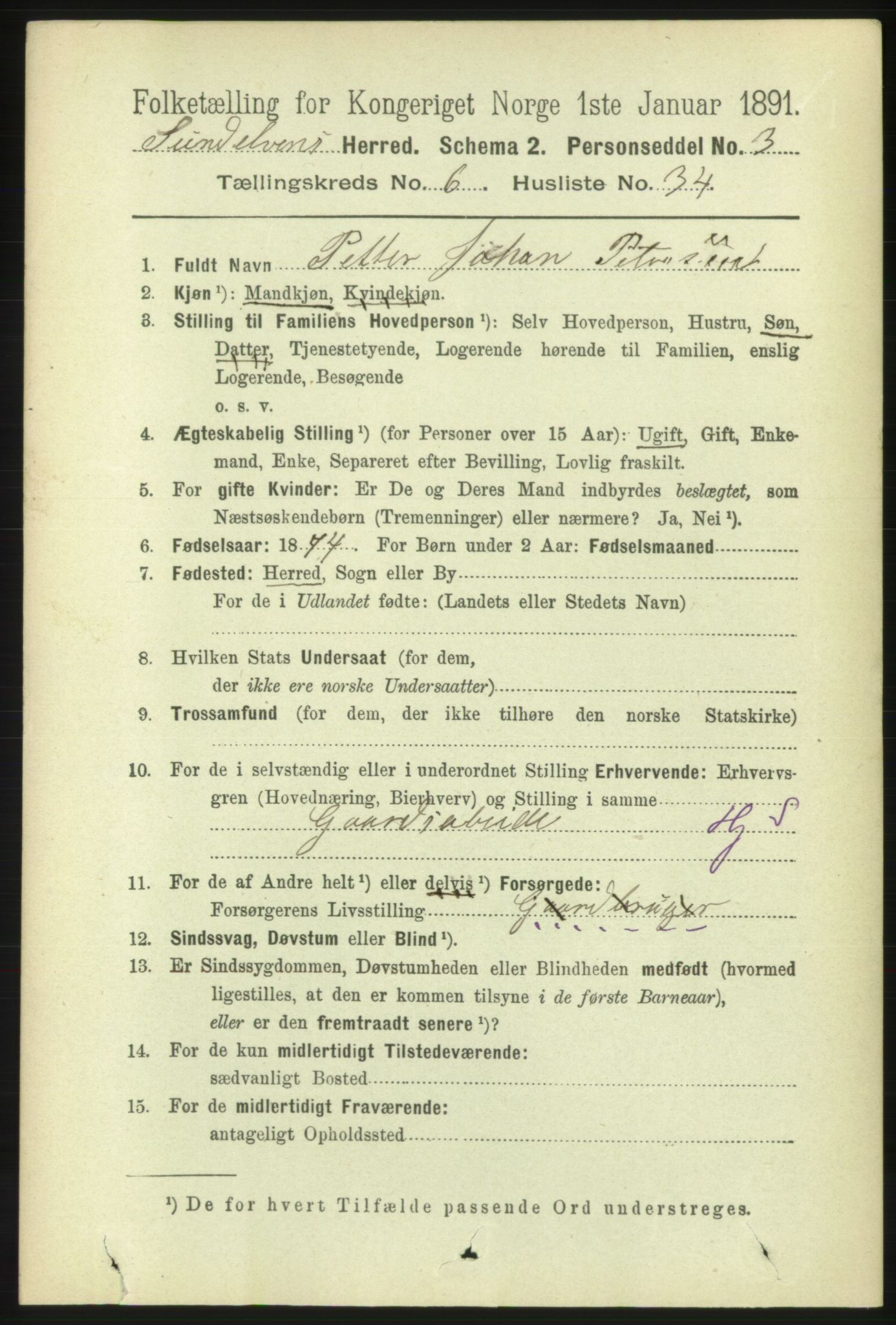 RA, 1891 census for 1523 Sunnylven, 1891, p. 1695