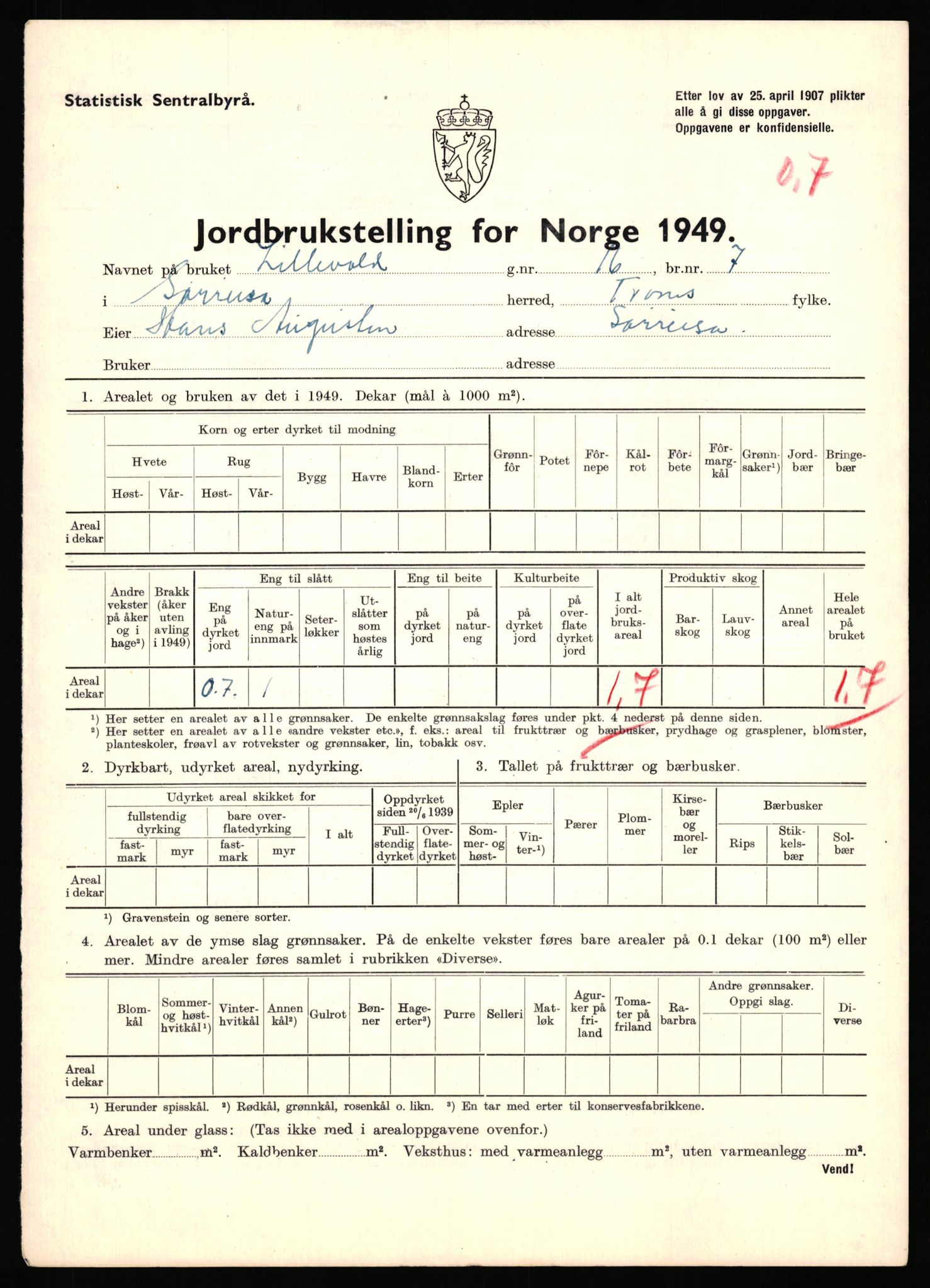 Statistisk sentralbyrå, Næringsøkonomiske emner, Jordbruk, skogbruk, jakt, fiske og fangst, AV/RA-S-2234/G/Gc/L0440: Troms: Sørreisa og Dyrøy, 1949, p. 12