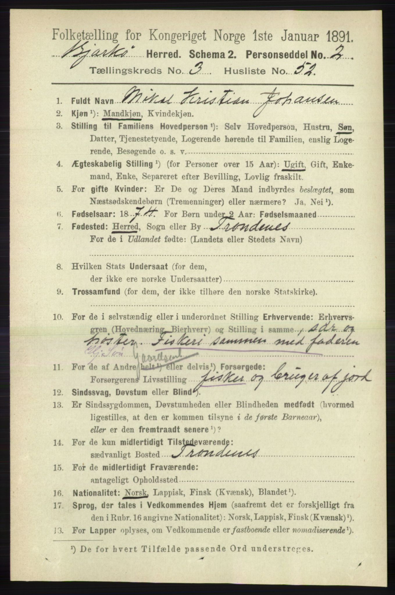 RA, 1891 census for 1915 Bjarkøy, 1891, p. 1865