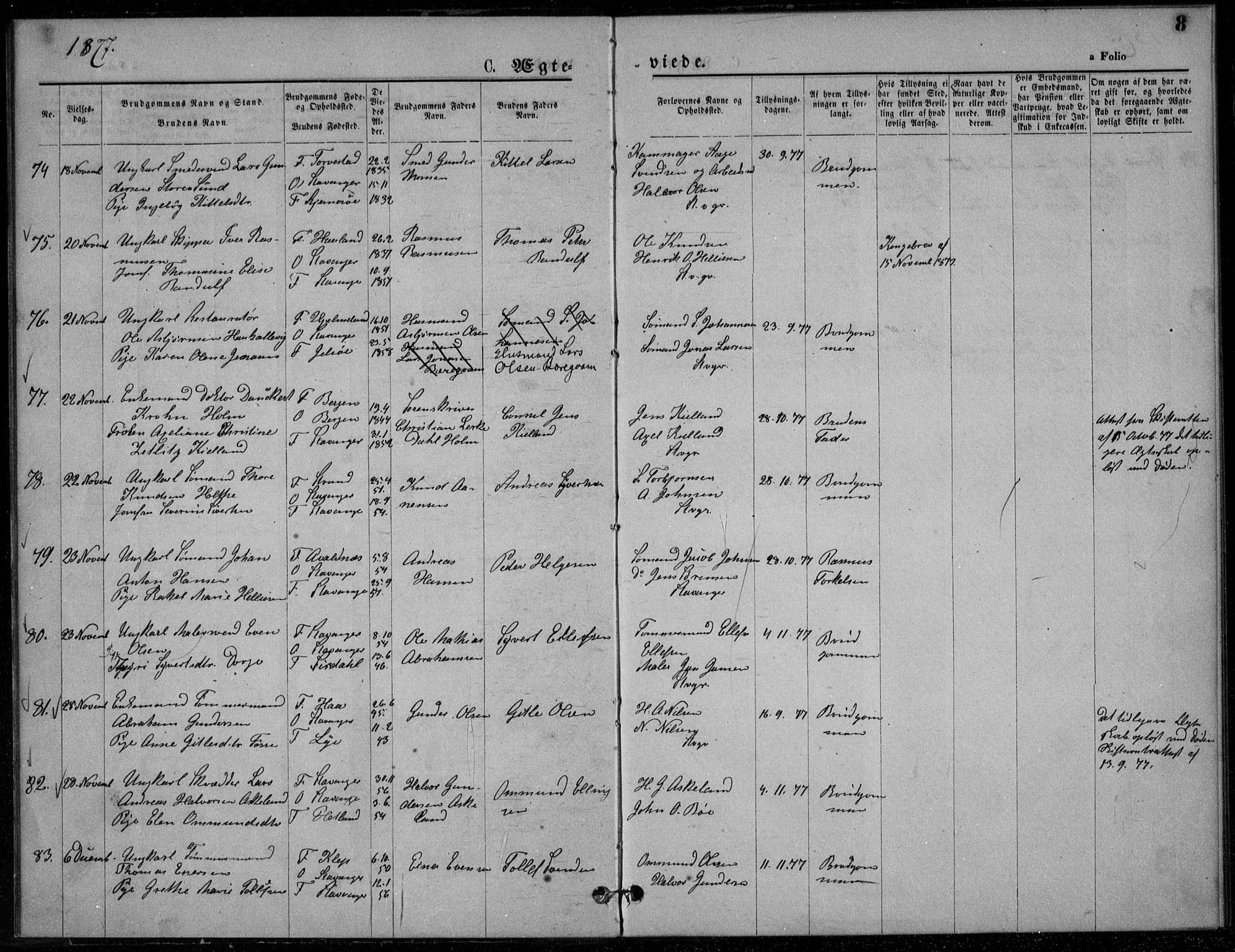 Domkirken sokneprestkontor, AV/SAST-A-101812/001/30/30BA/L0023: Parish register (official) no. A 22, 1877-1877, p. 8