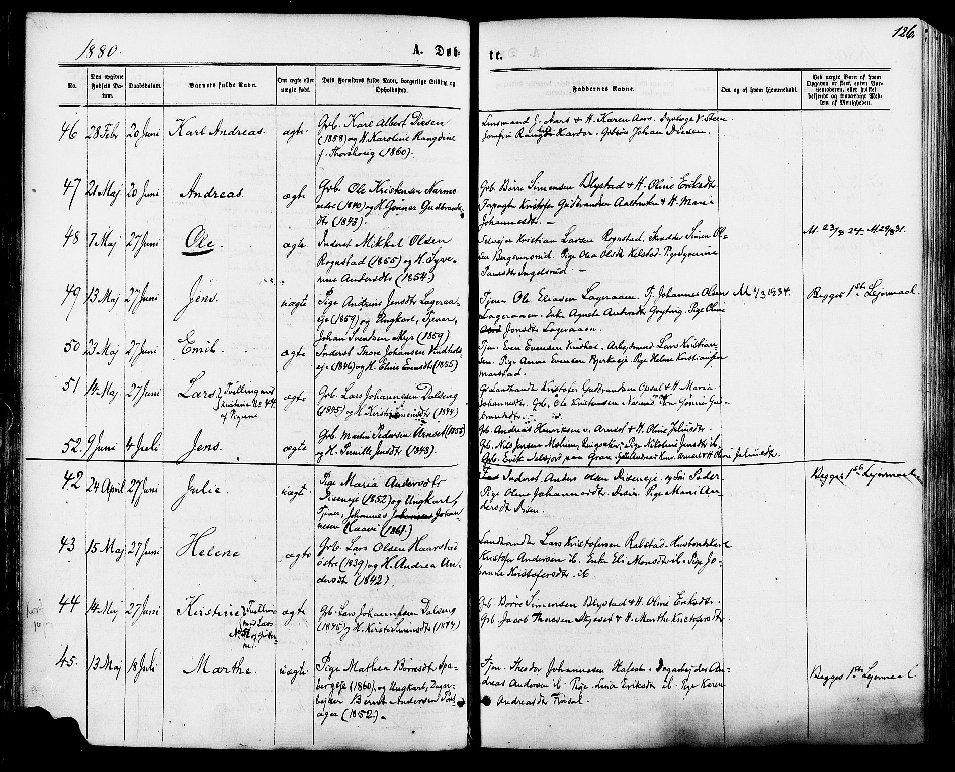 Vang prestekontor, Hedmark, AV/SAH-PREST-008/H/Ha/Haa/L0015: Parish register (official) no. 15, 1871-1885, p. 126