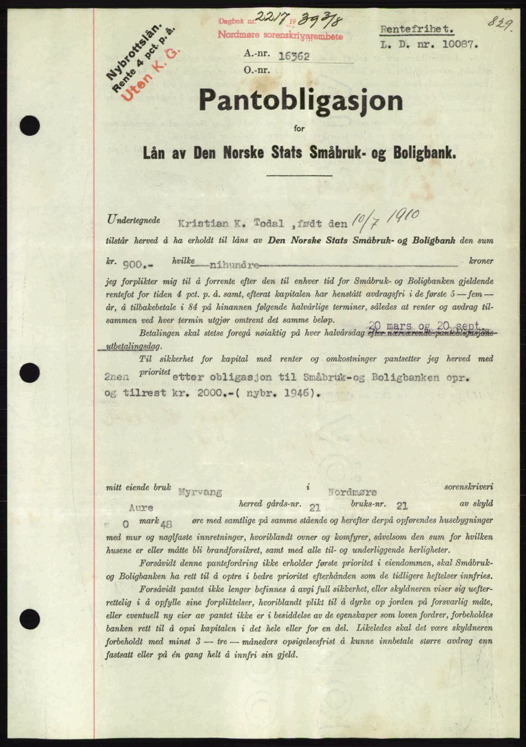 Nordmøre sorenskriveri, AV/SAT-A-4132/1/2/2Ca: Mortgage book no. B85, 1939-1939, Diary no: : 2217/1939