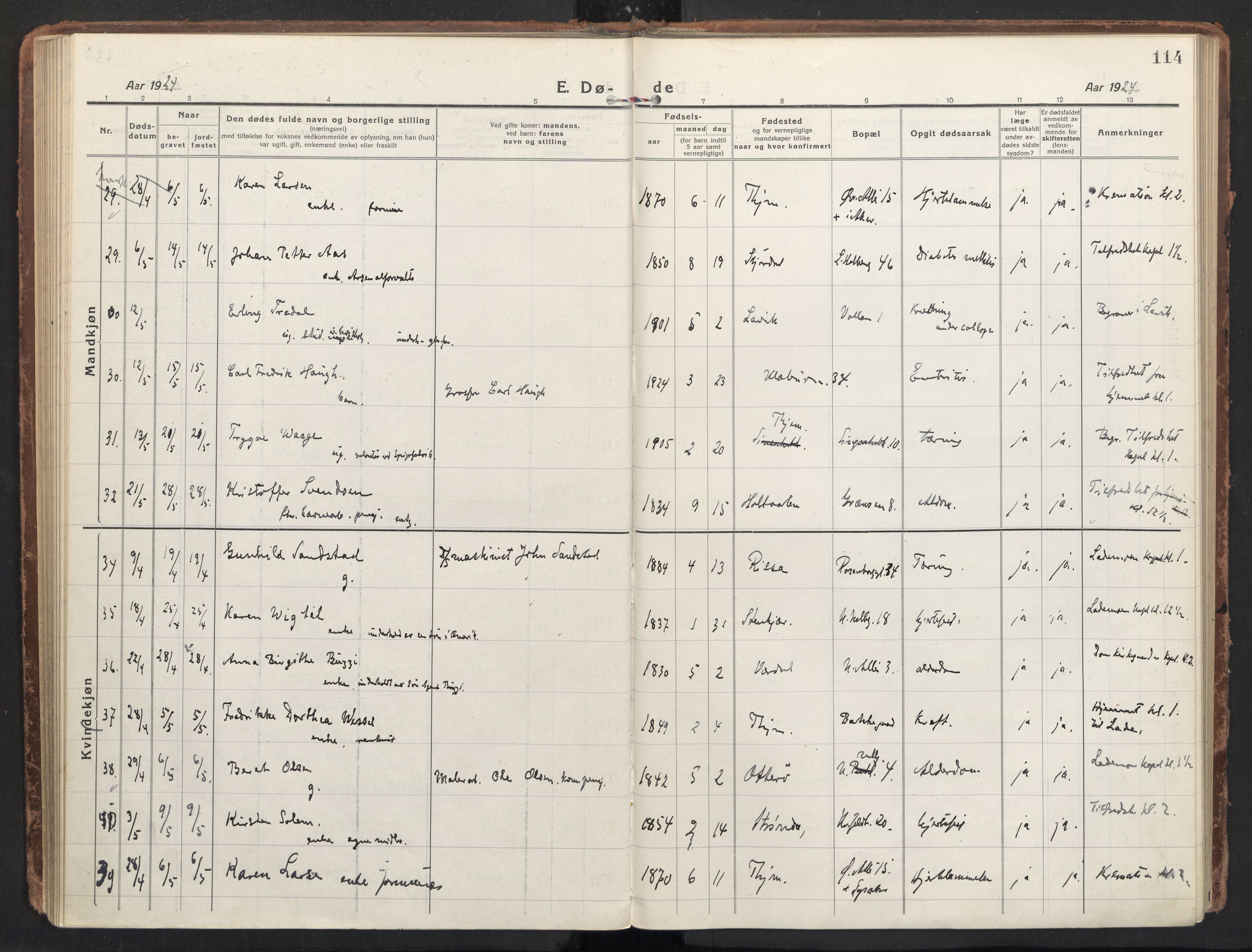 Ministerialprotokoller, klokkerbøker og fødselsregistre - Sør-Trøndelag, AV/SAT-A-1456/604/L0207: Parish register (official) no. 604A27, 1917-1933, p. 114