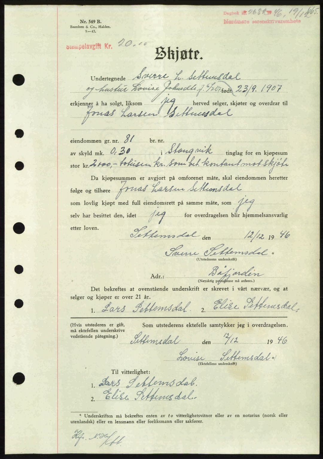 Nordmøre sorenskriveri, AV/SAT-A-4132/1/2/2Ca: Mortgage book no. A103, 1946-1947, Diary no: : 2682/1946