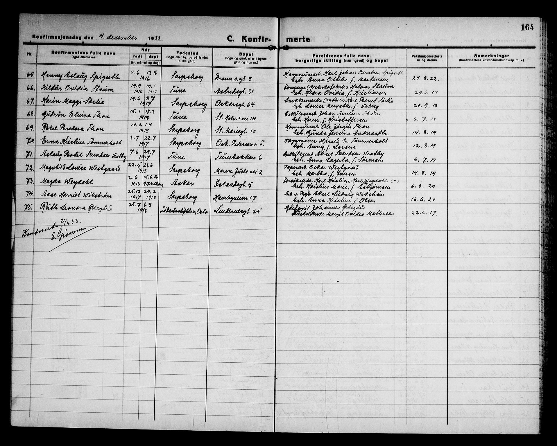 Sarpsborg prestekontor Kirkebøker, AV/SAO-A-2006/G/Ga/L0005: Parish register (copy) no. 5, 1932-1950, p. 164