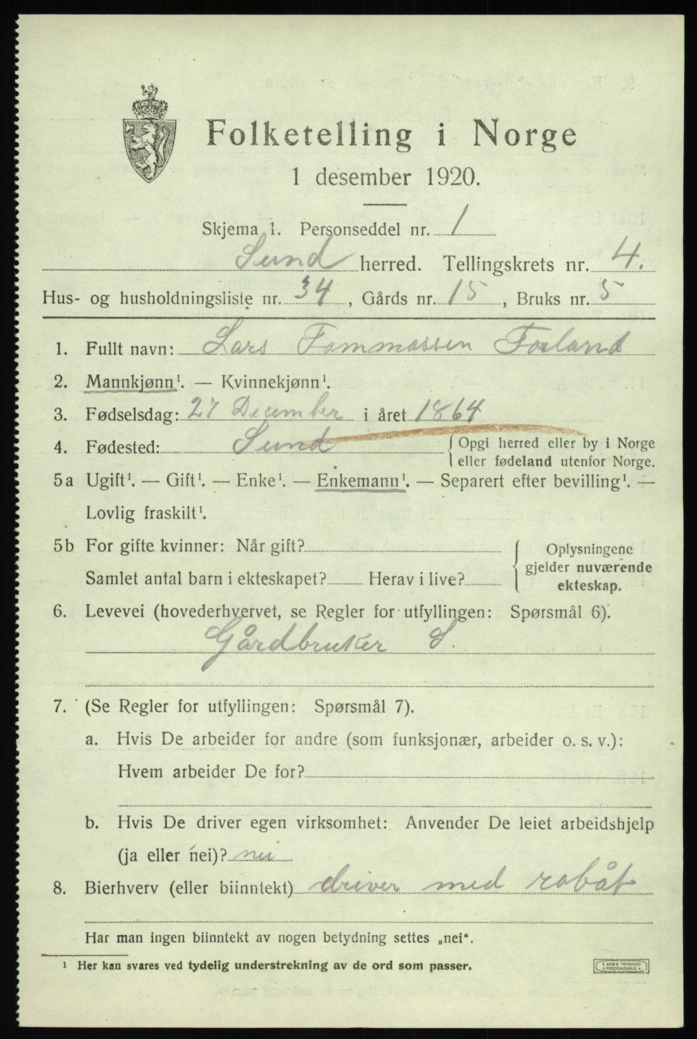 SAB, 1920 census for Sund, 1920, p. 2931