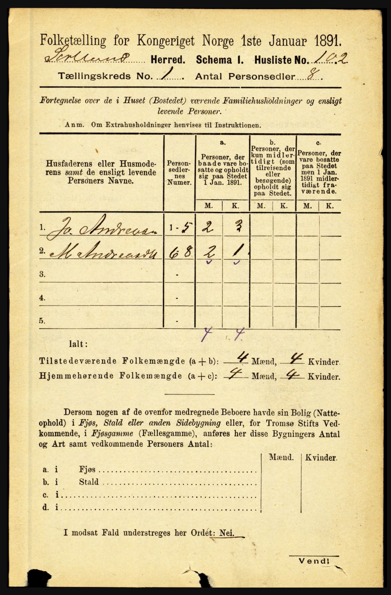 RA, 1891 census for 1870 Sortland, 1891, p. 119