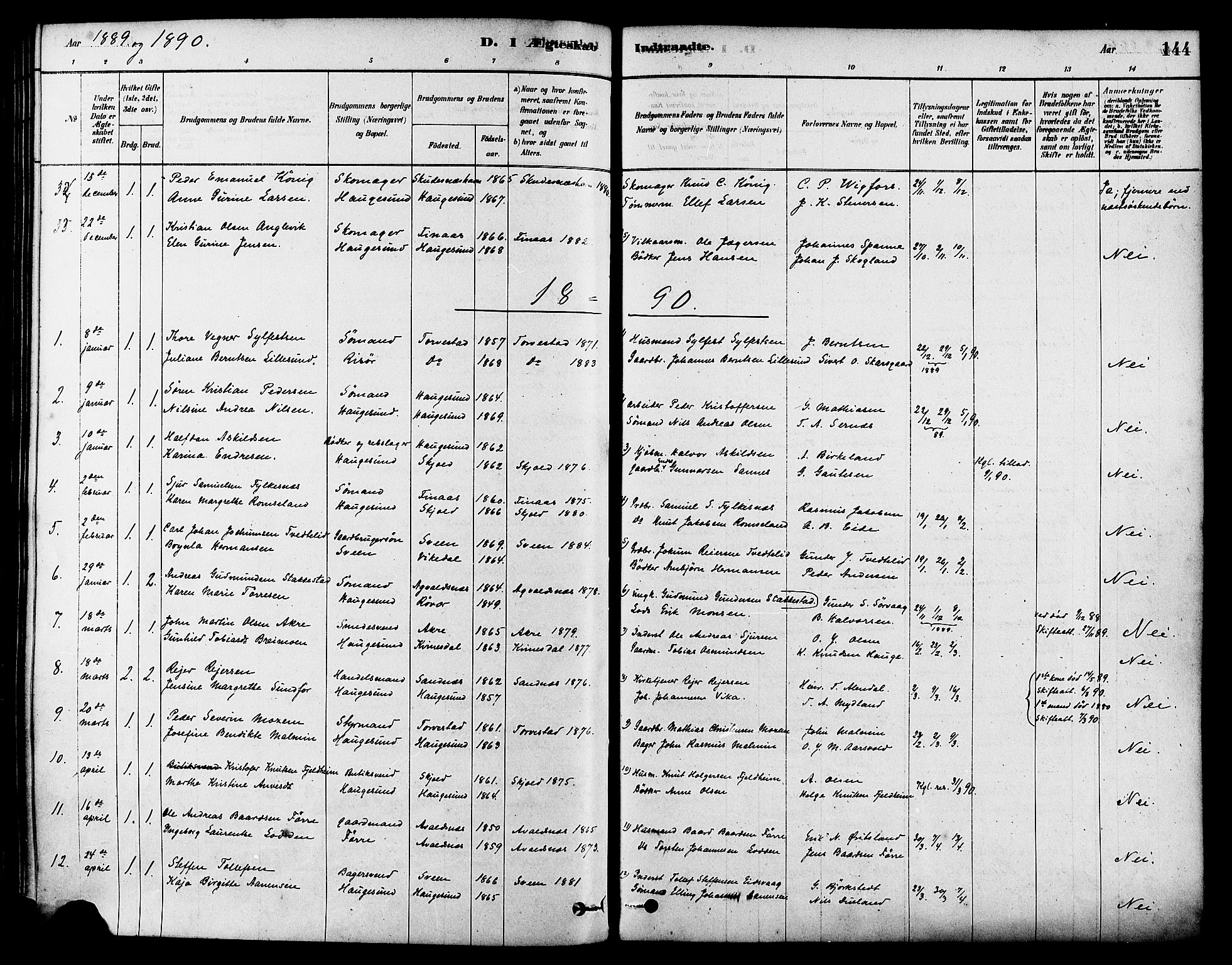 Haugesund sokneprestkontor, AV/SAST-A -101863/H/Ha/Haa/L0003: Parish register (official) no. A 3, 1885-1890, p. 144