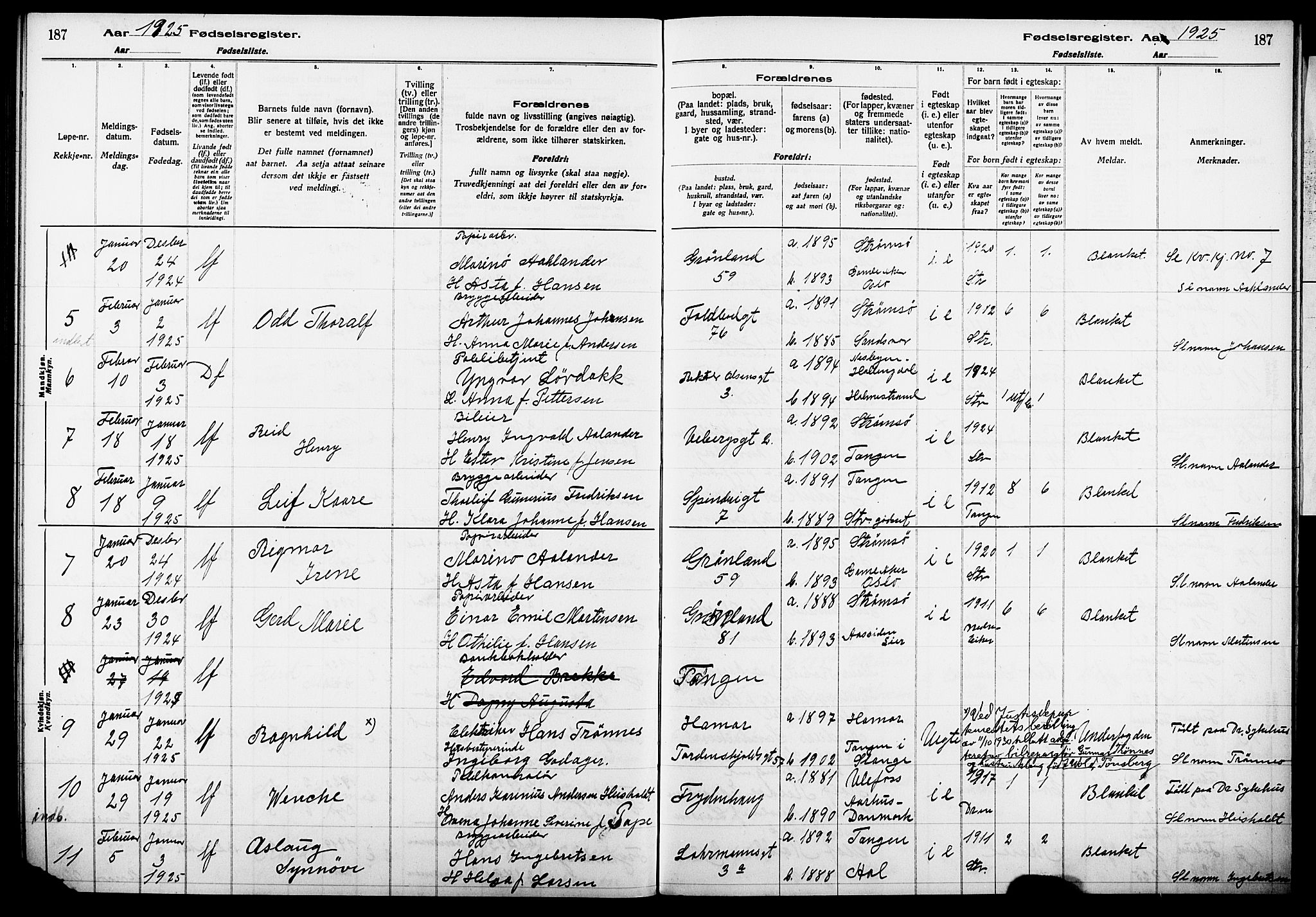 Strømsø kirkebøker, AV/SAKO-A-246/J/Ja/L0001: Birth register no. I 1, 1916-1925, p. 187