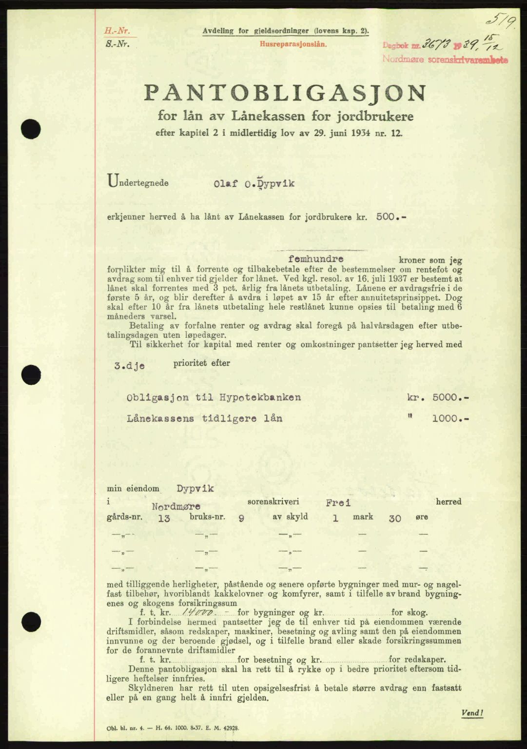 Nordmøre sorenskriveri, AV/SAT-A-4132/1/2/2Ca: Mortgage book no. B86, 1939-1940, Diary no: : 3673/1939