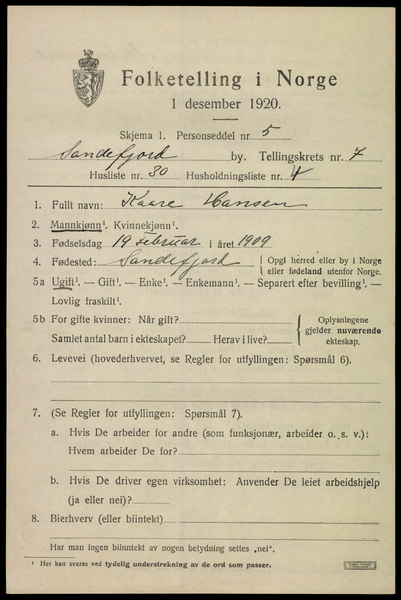 SAKO, 1920 census for Sandefjord, 1920, p. 11090